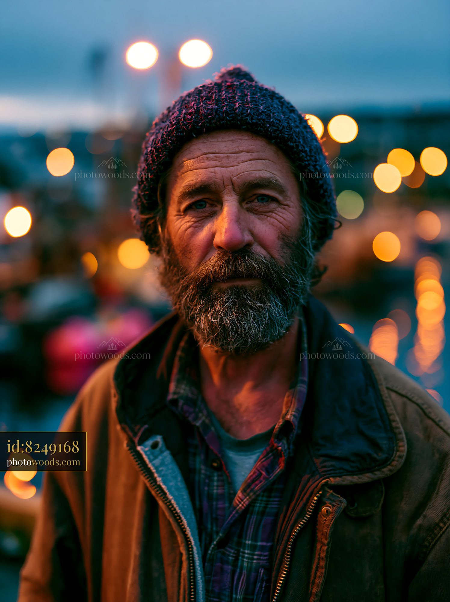 Man With Beard Wearing Knit Hat Stands by Water at Dusk