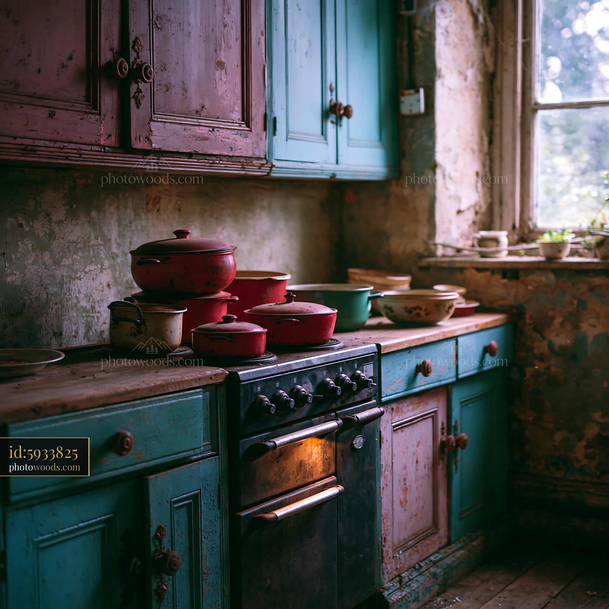 Shabby Kitchen With Mismatched Cupboard Doors and Old Cookware