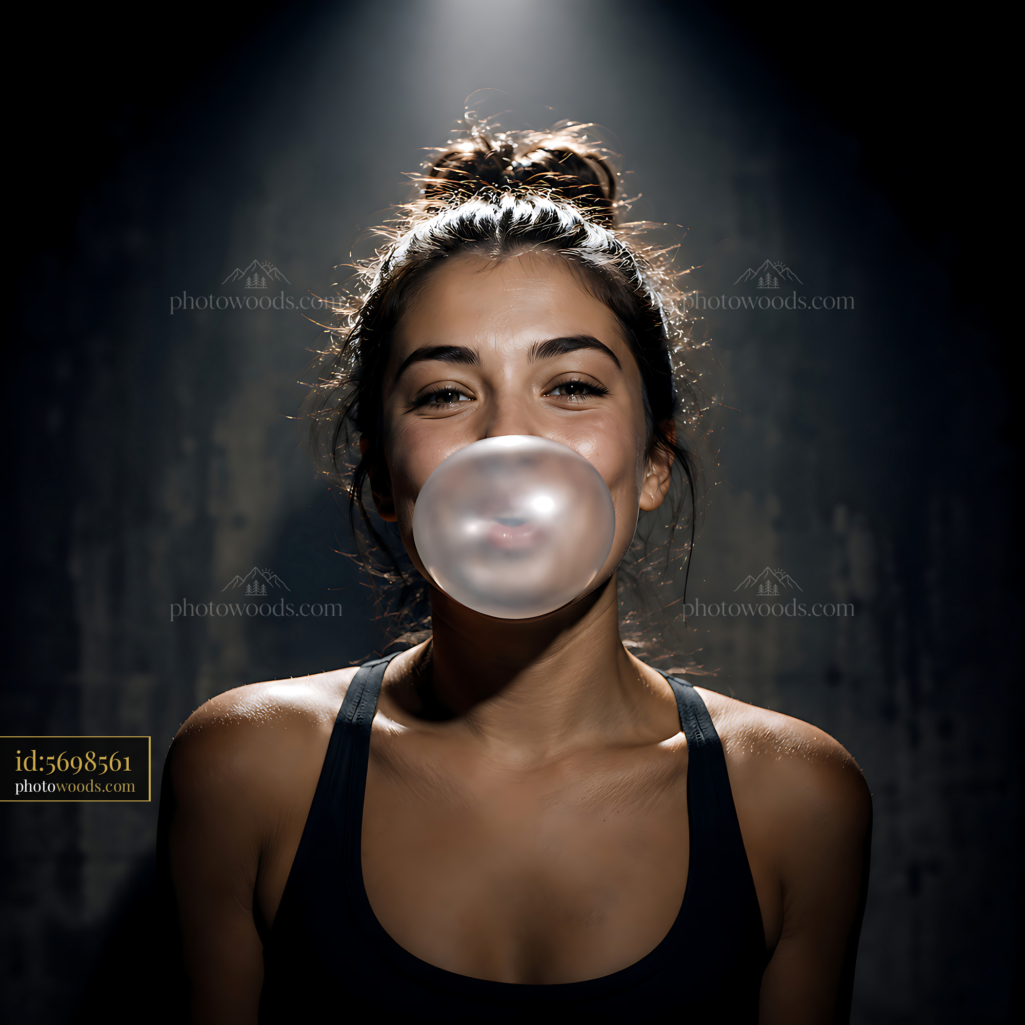 Young Woman Blowing Bubble Gum in Studio With Spotlight