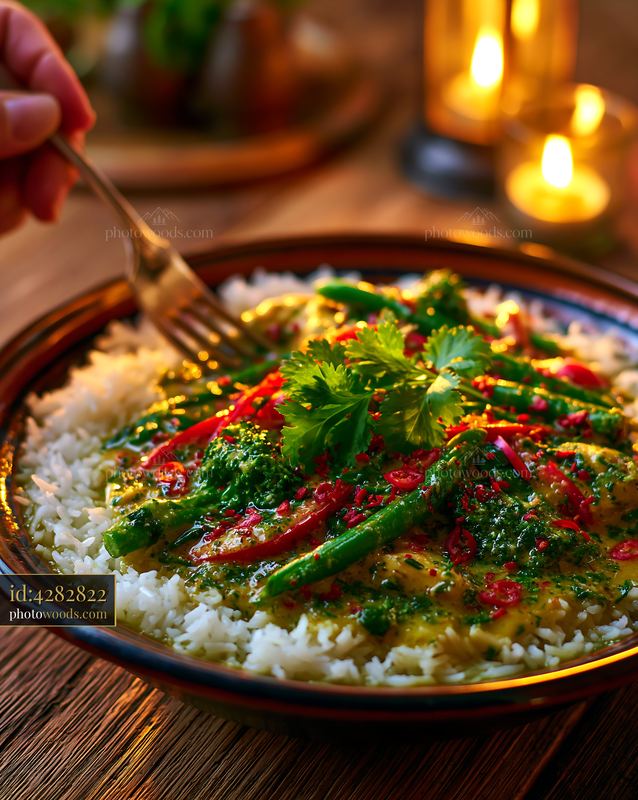 Bowl of Thai Green Curry With Jasmine Rice and Herbs