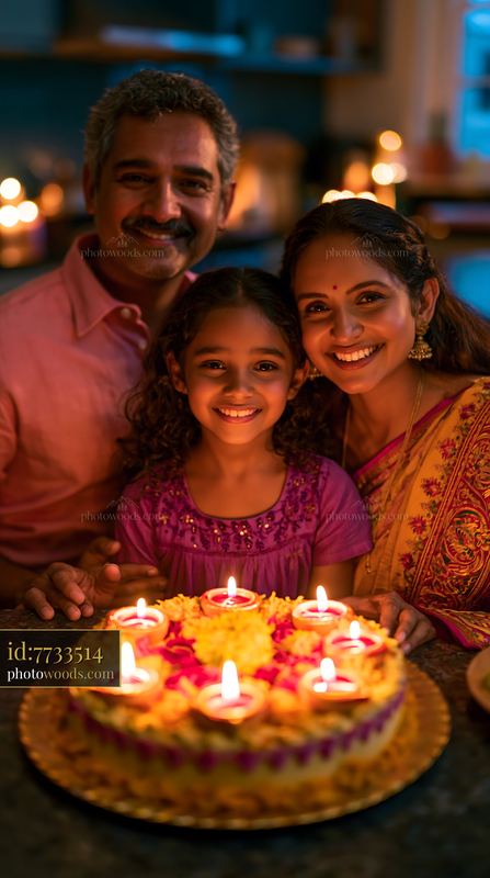Family Celebrating Diwali With Candles and Flowers in Living Room