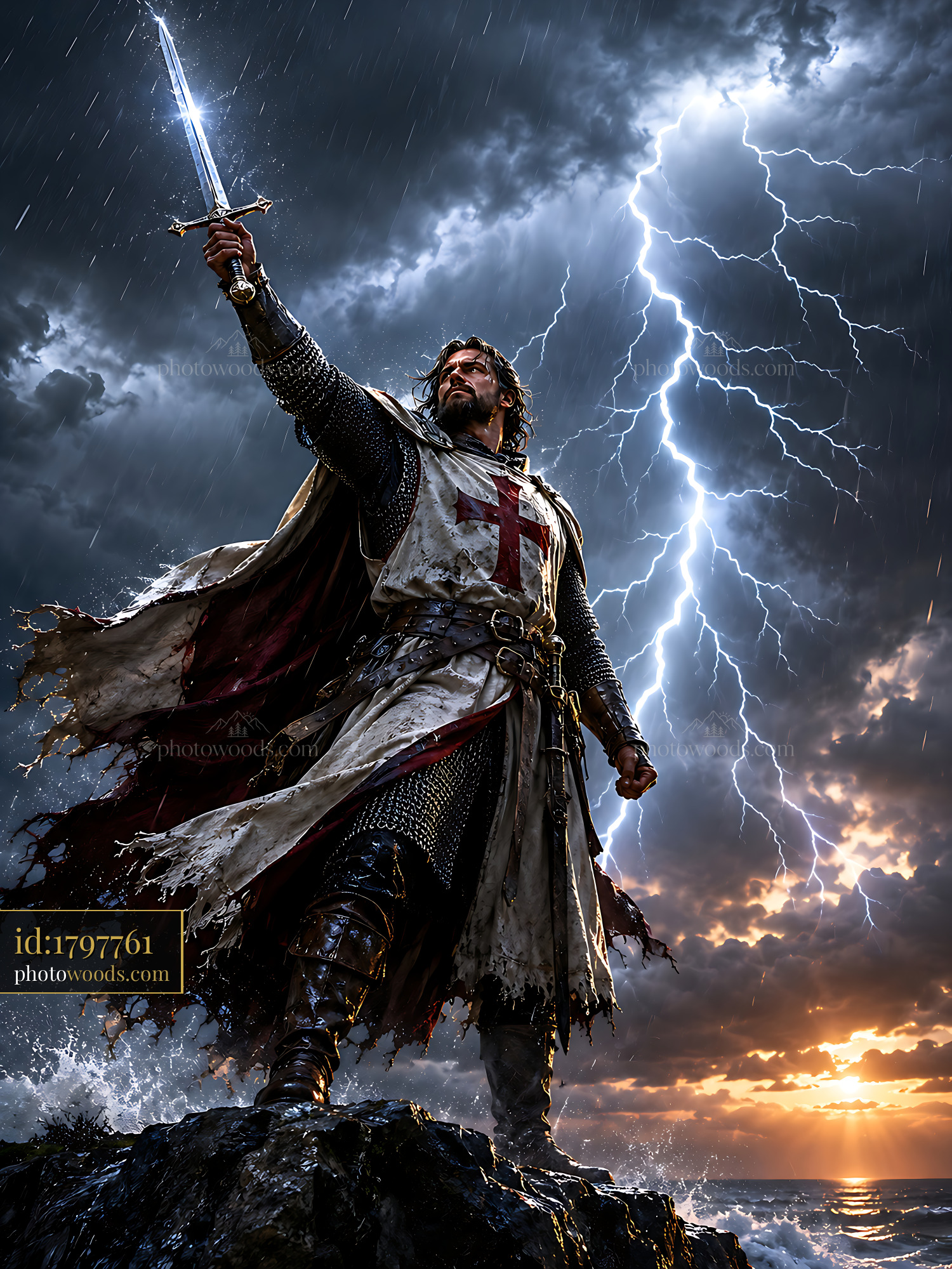 Knight Stands Strong in Storm With Raised Sword Against Dark Sky