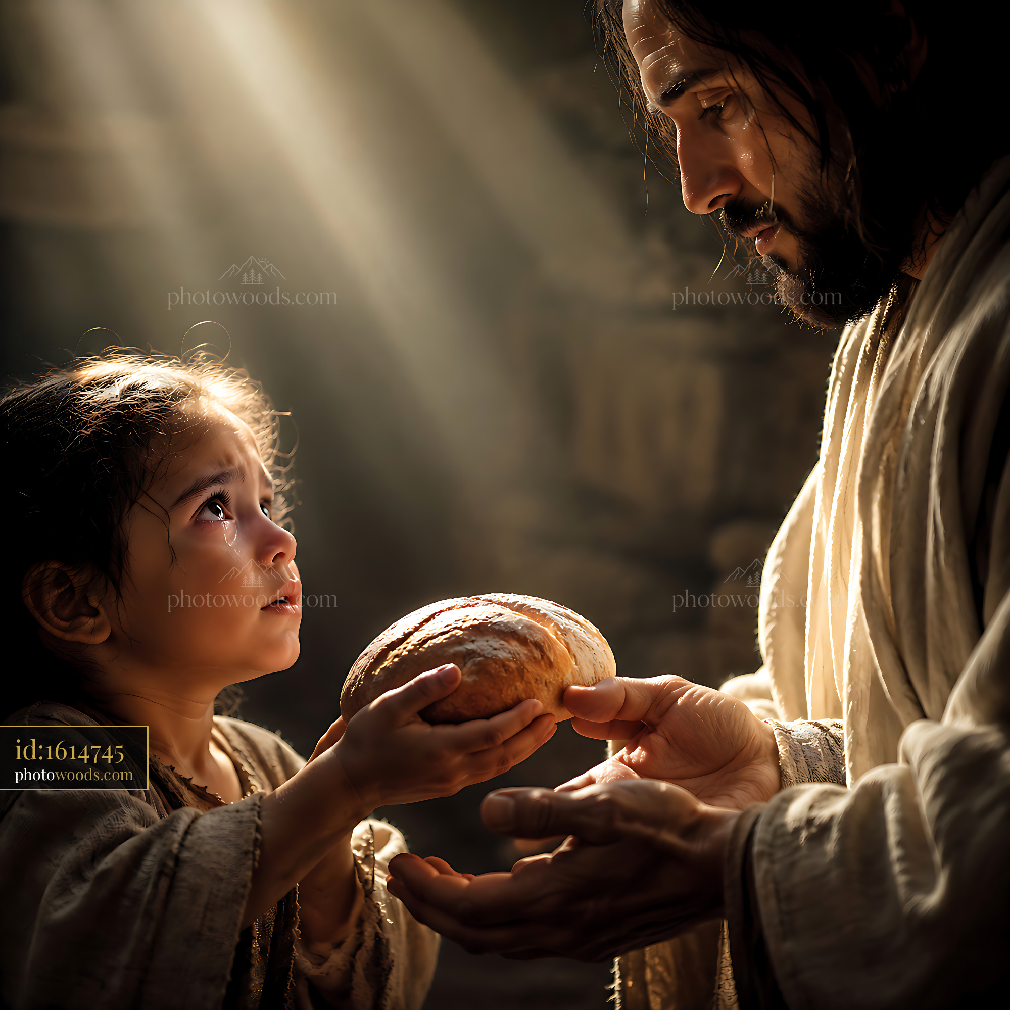 Man Hands Bread to Child in a Warm, Soft Light Setting