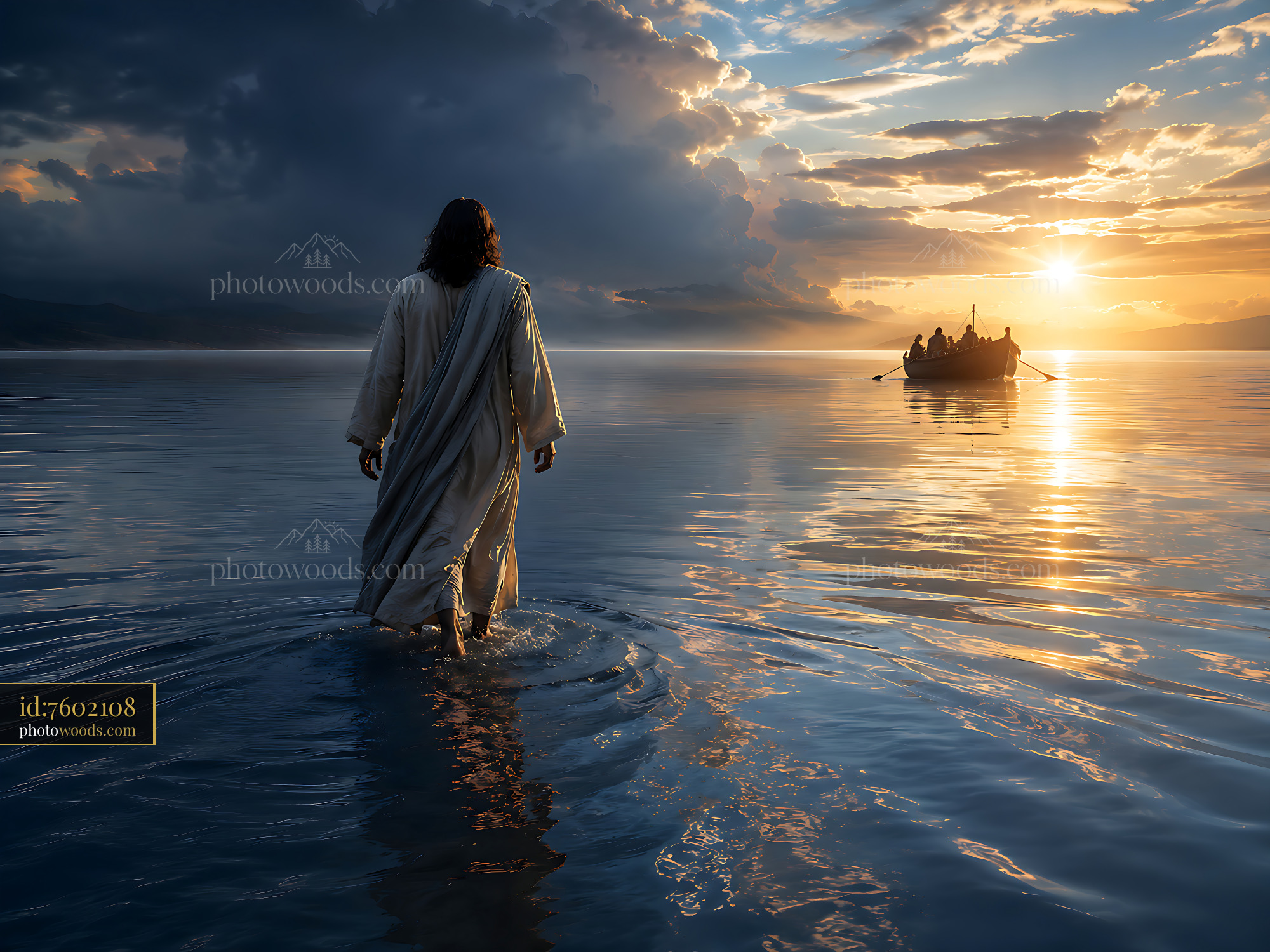 Jesus Walks on Water Toward a Boat at Sunset in Quiet Water