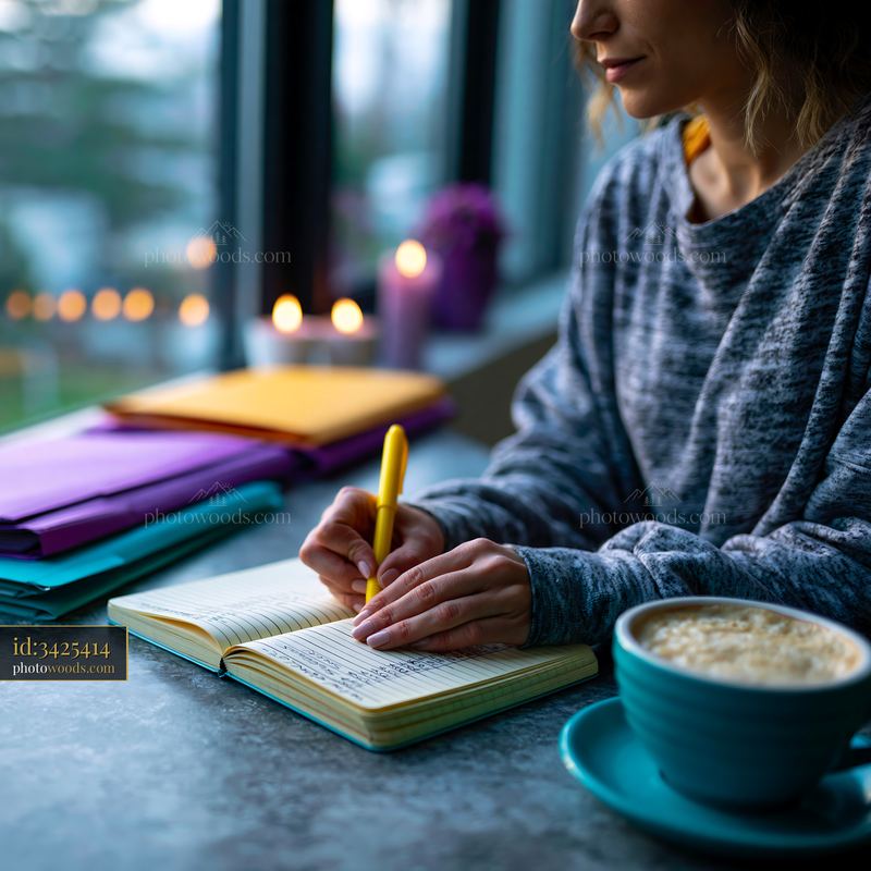 Student Tracking Expenses in a Notebook With Coffee During Evening