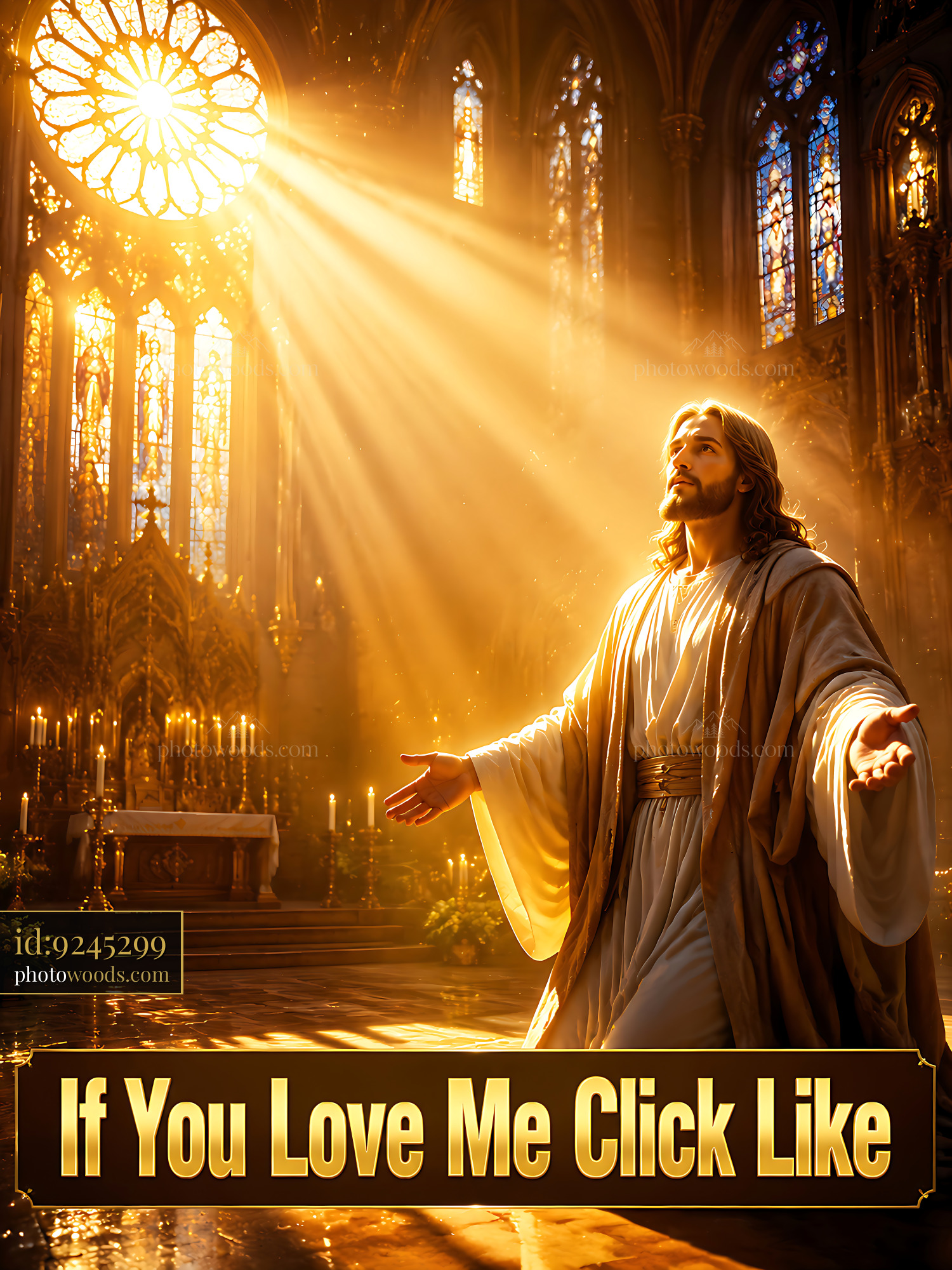 Jesus Stands With Arms Outstretched in a Bright Church