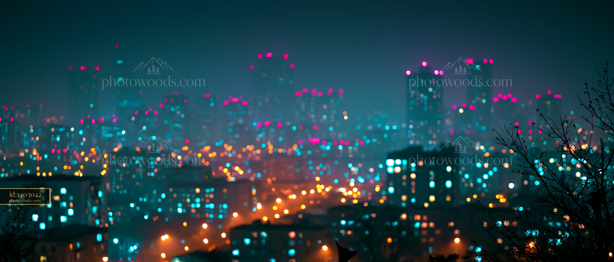 City Skyline Lights Glow at Night With Vibrant Colors and Buildings