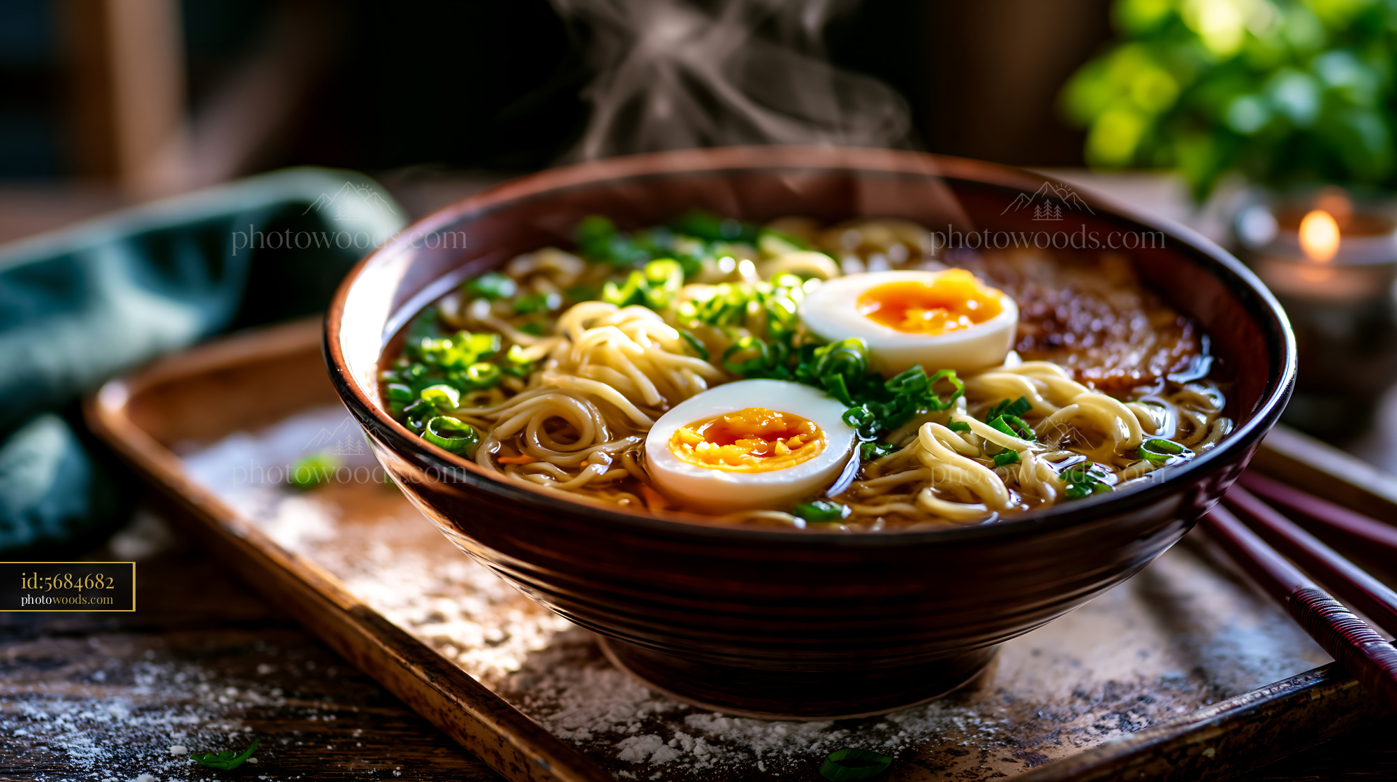Bowl of Steaming Ramen With Soft Egg and Chashu on Wooden Table