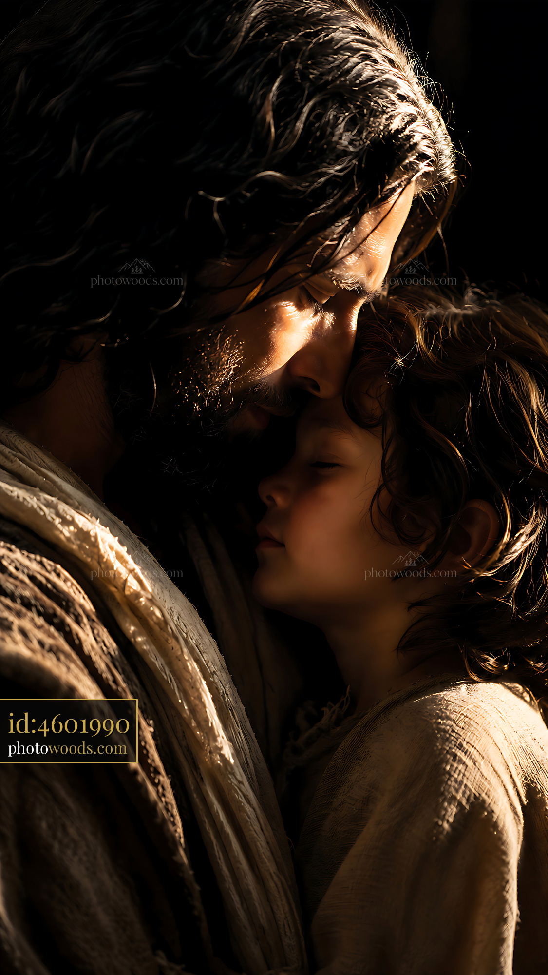 Man Embraces Child With Love in Dim Light