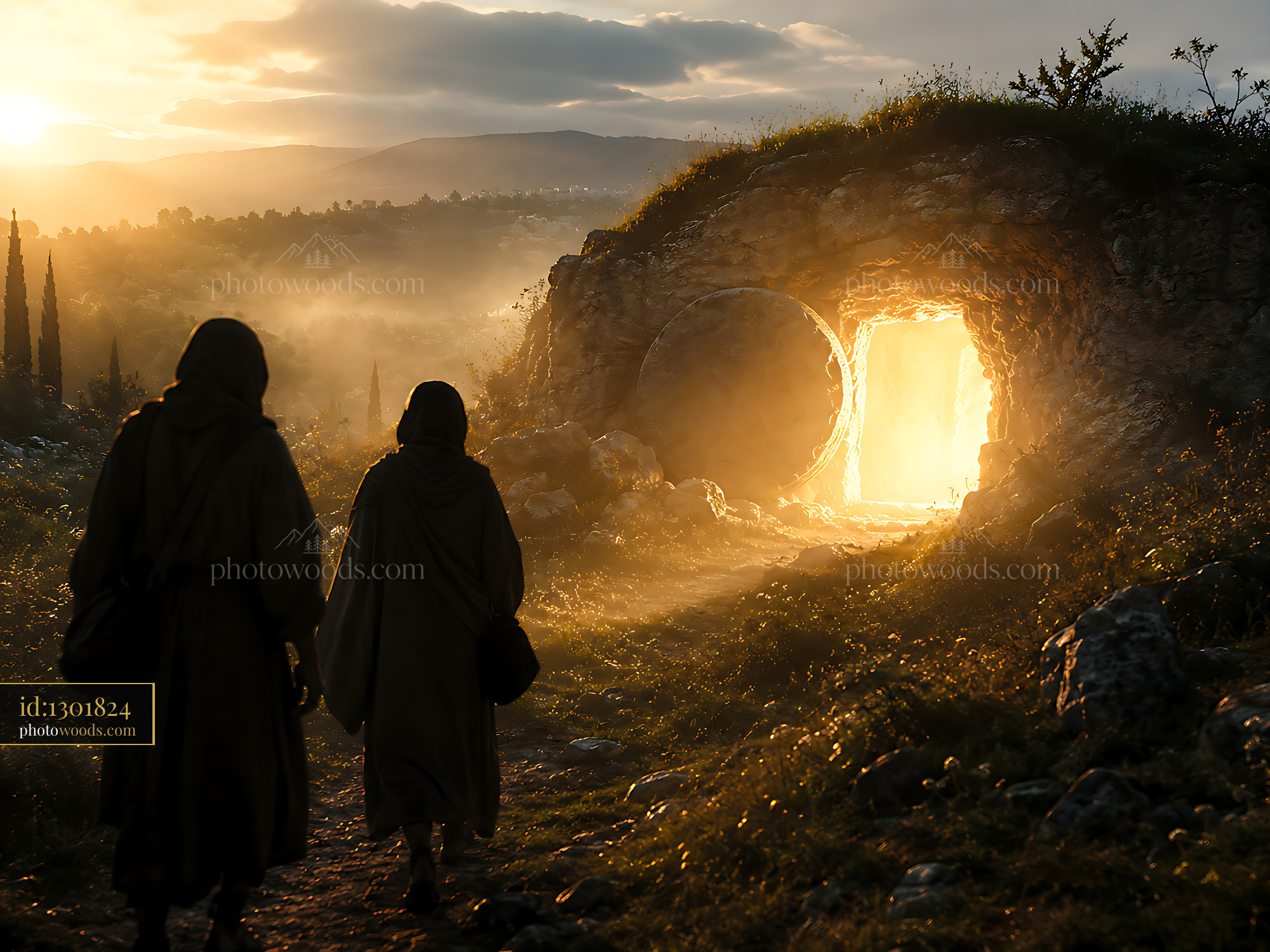 Two Figures Walking Towards a Glowing Entrance in the Landscape