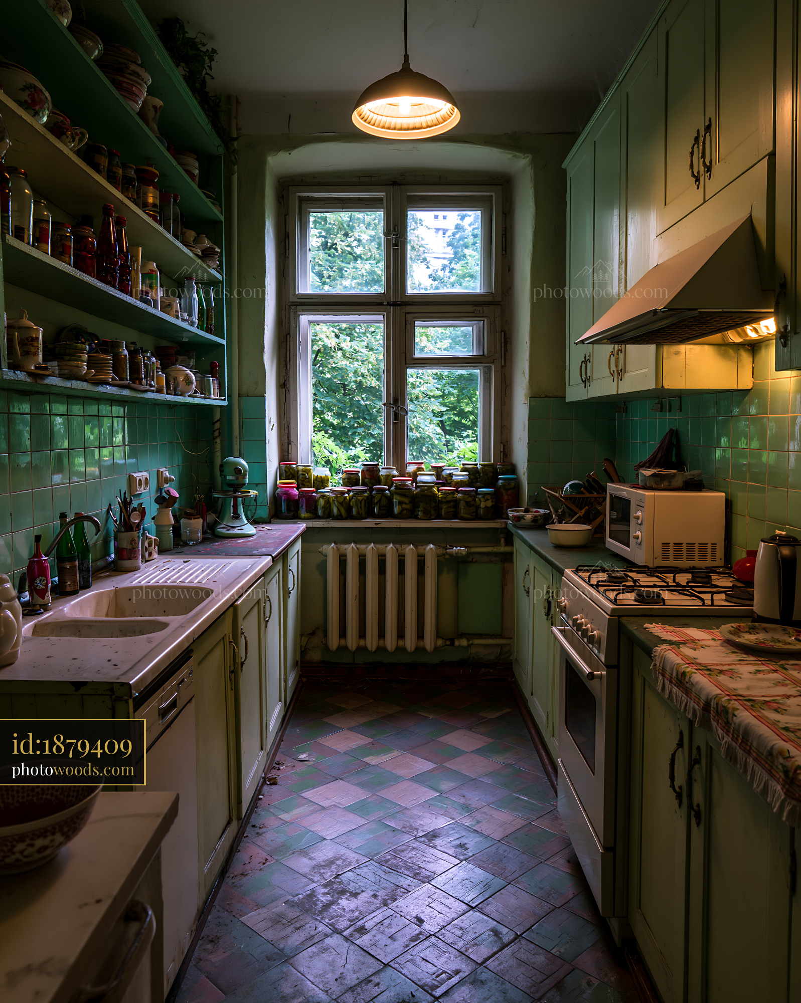 Old Kitchen With Green Tiles and Heavy Shelves in a Cluttered Space