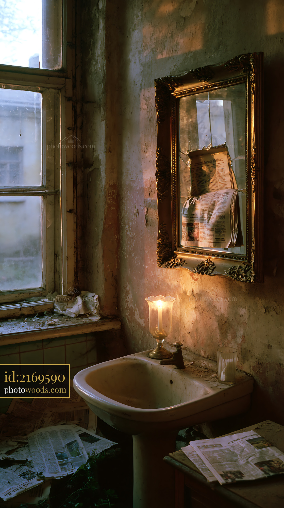 Damp Washroom With Cracked Mirror and Warm Candlelight