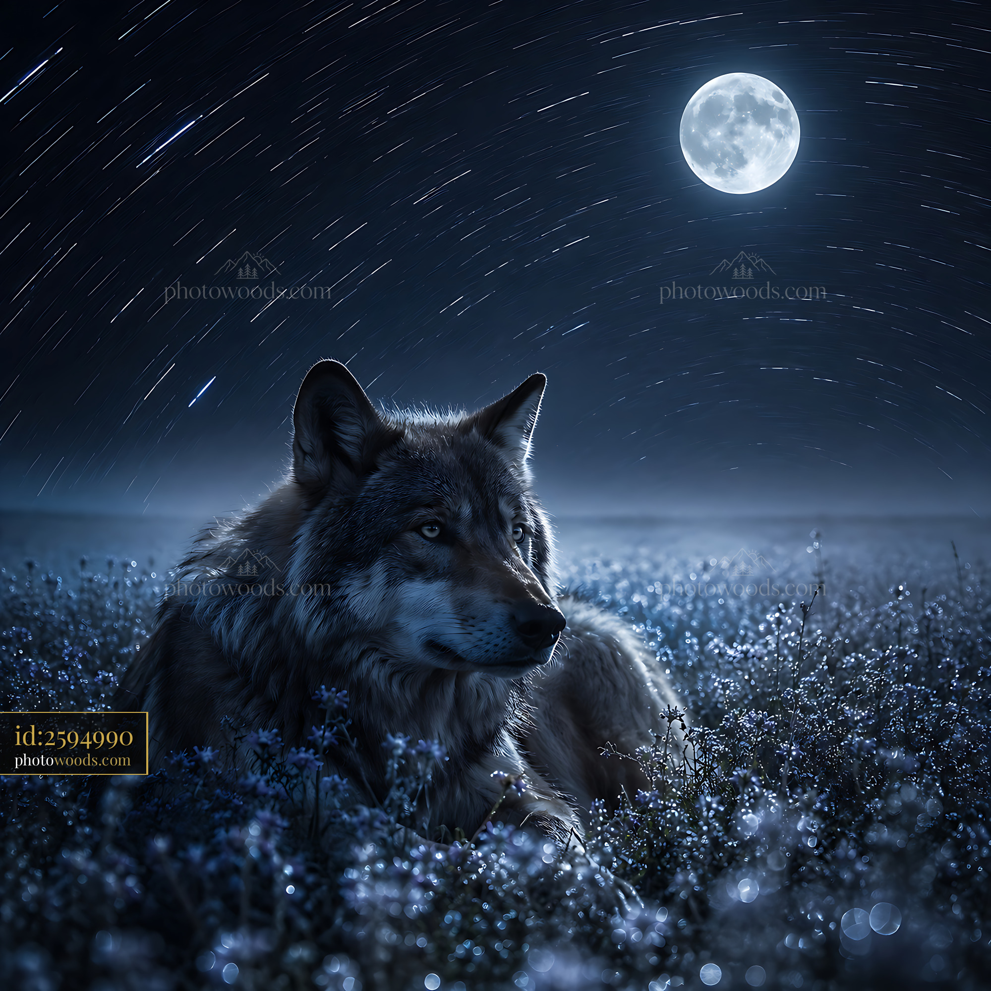 Wolf Resting in the Grass Under a Full Moon at Night