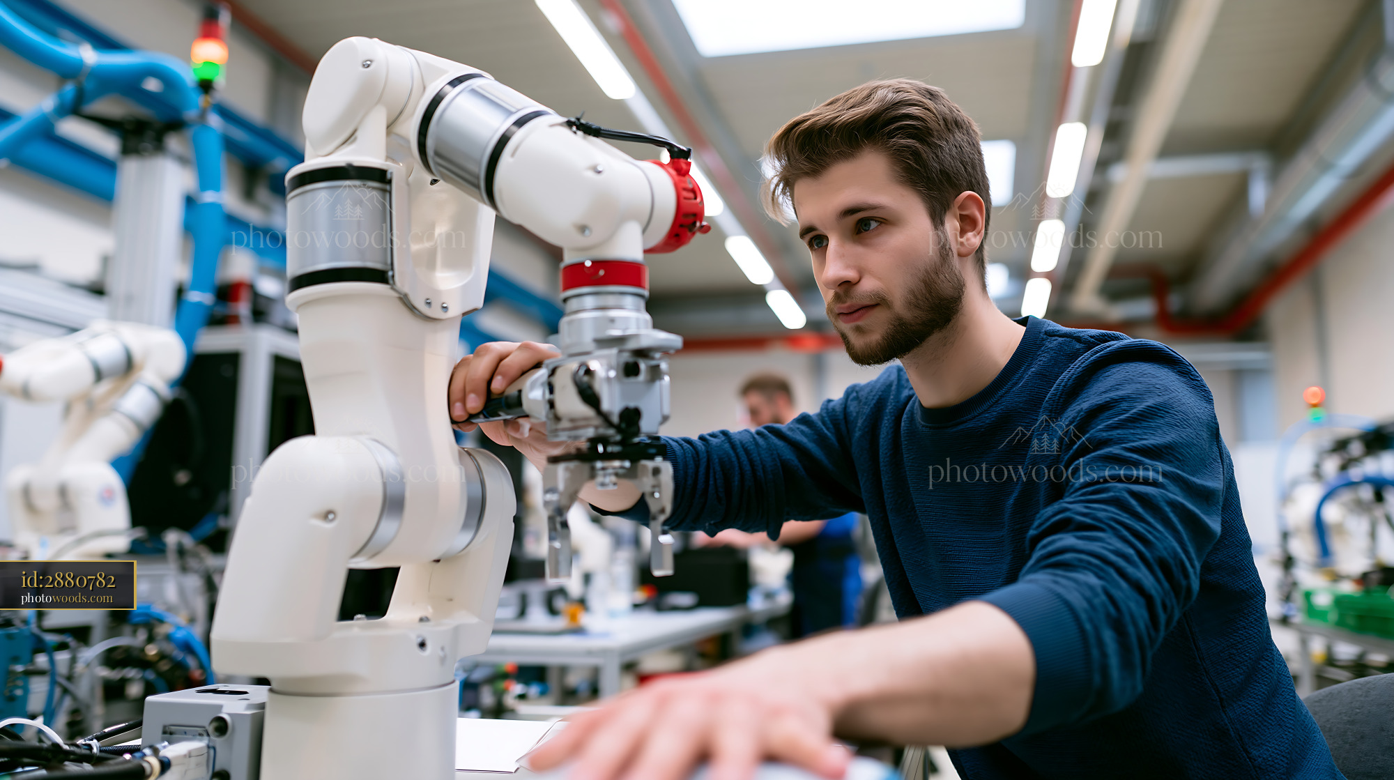 Employee Working With Robotic Arm in Modern Workshop