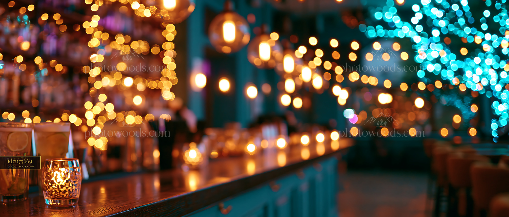 Bar Setting With Decorative Lights Creating Warm Atmosphere at Night