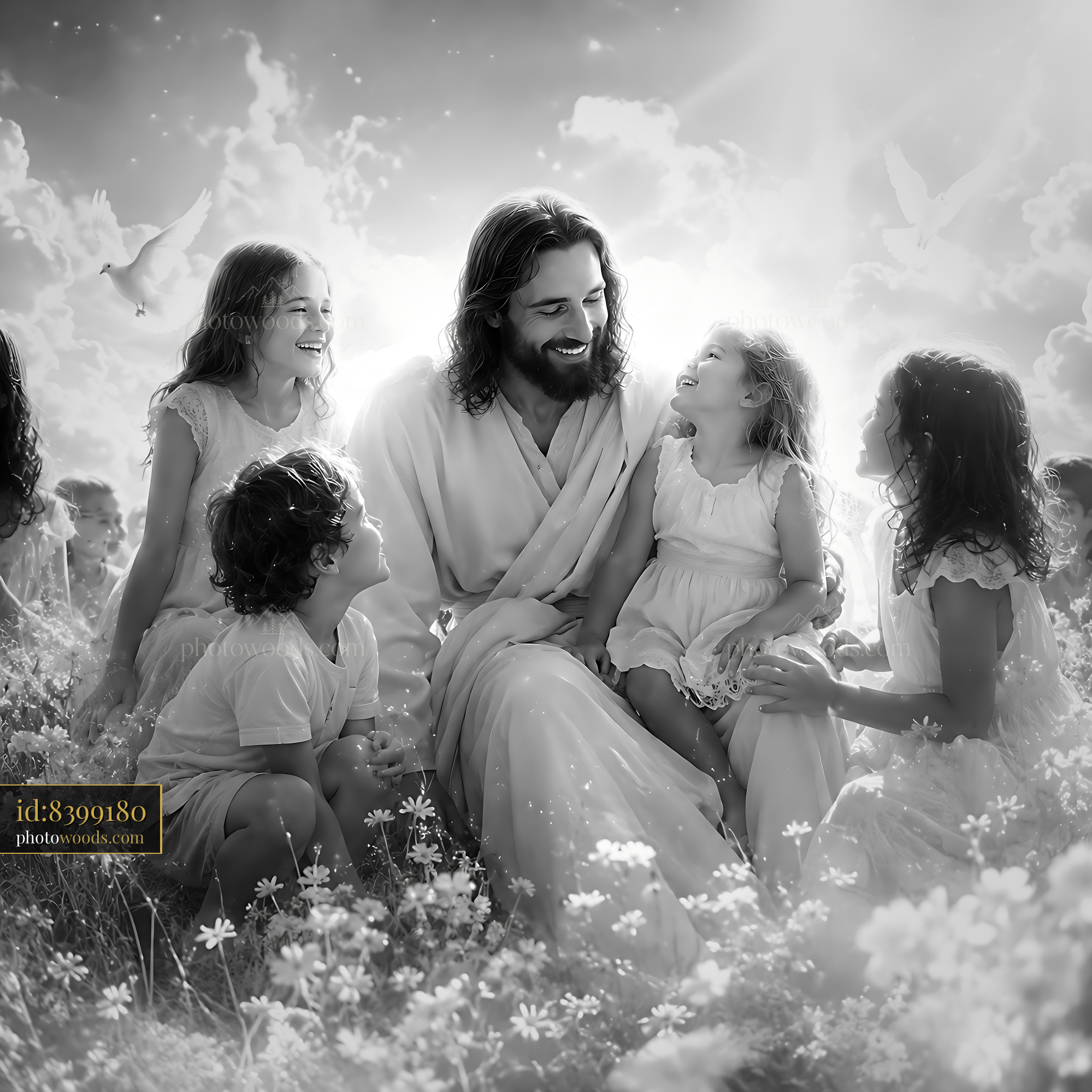 Jesus Interacting With Children in a Field With Flowers