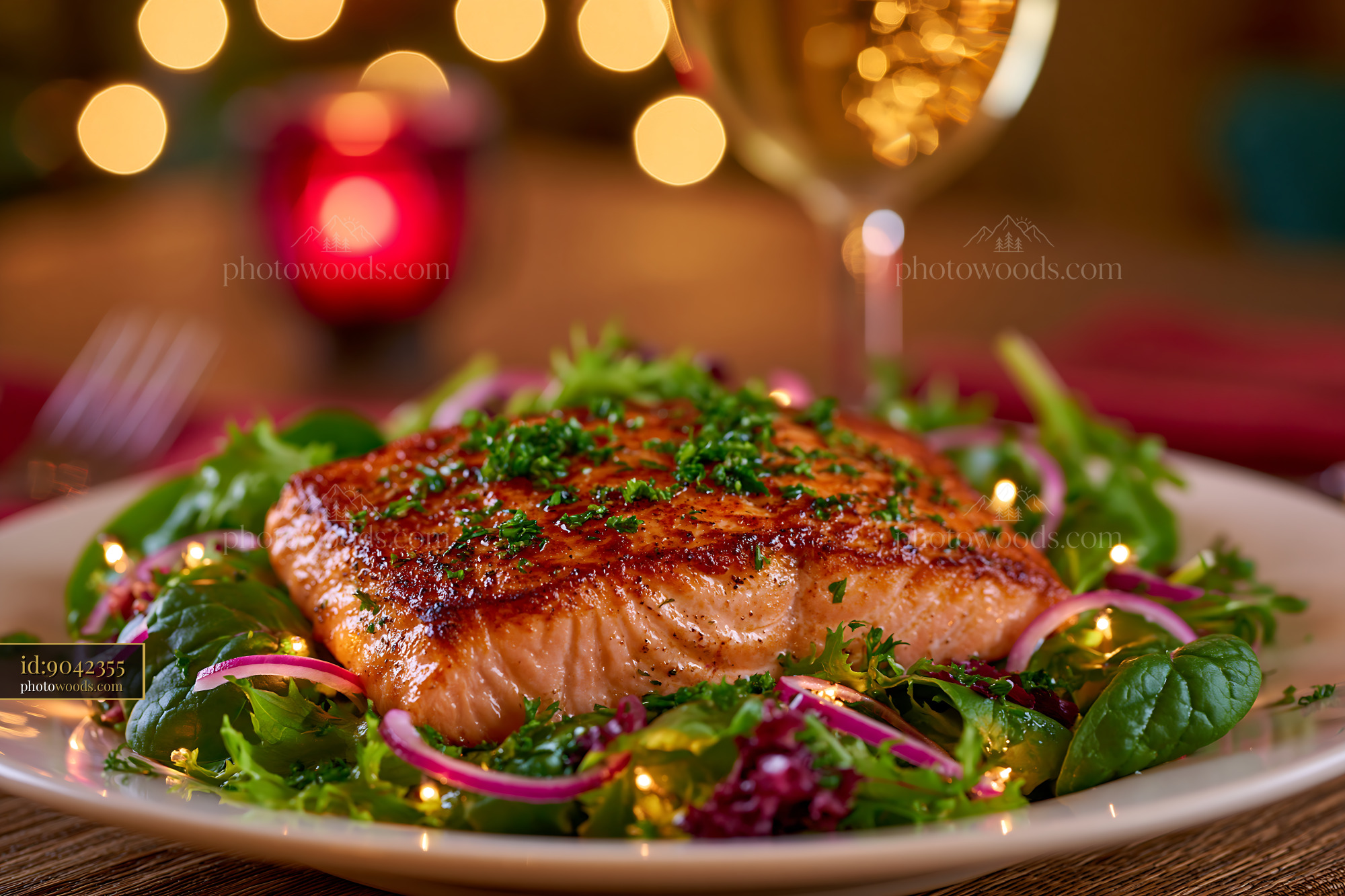 Seared Salmon Fillet on Mixed Greens With Festive Background