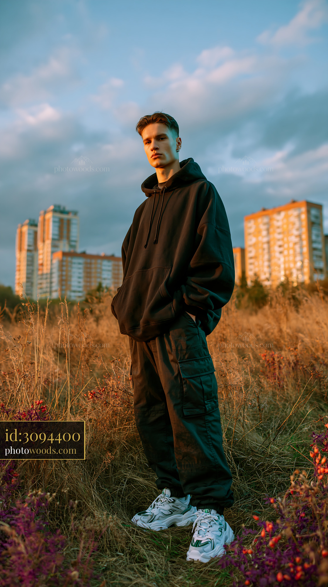 Confident Young Man in Oversized Black Hoodie in Urban Field
