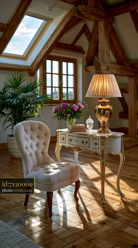 Bright Attic Master Suite With Exposed Beams and Elegant Decor