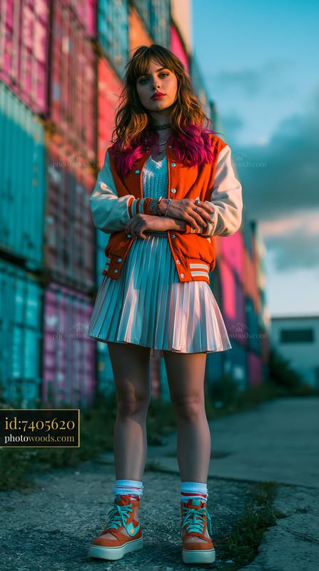 Young Woman in Varsity Jacket With Pleated Skirt in Industrial Setting