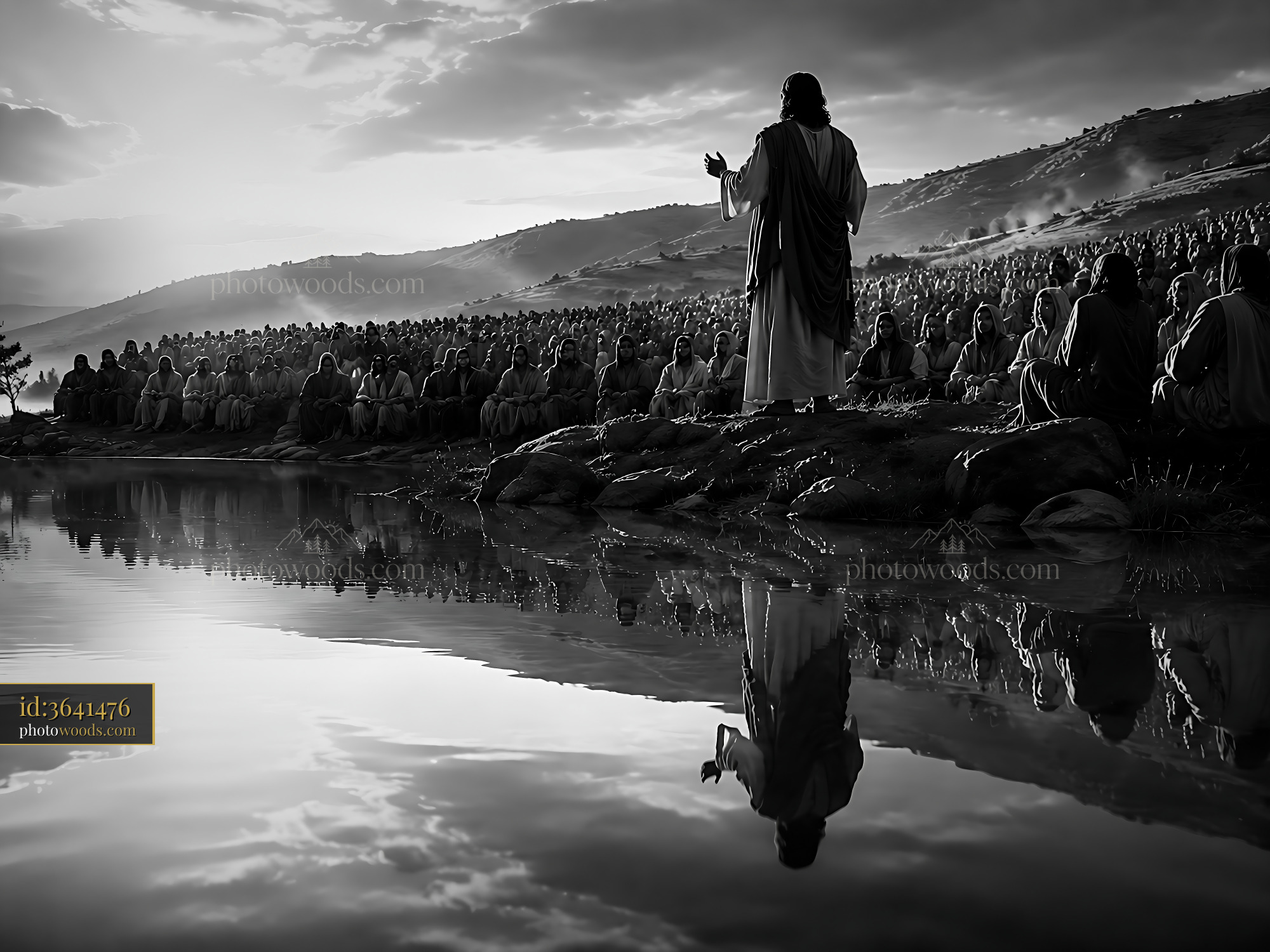 Jesus Speaks to a Large Crowd by the Water's Edge in Black and White