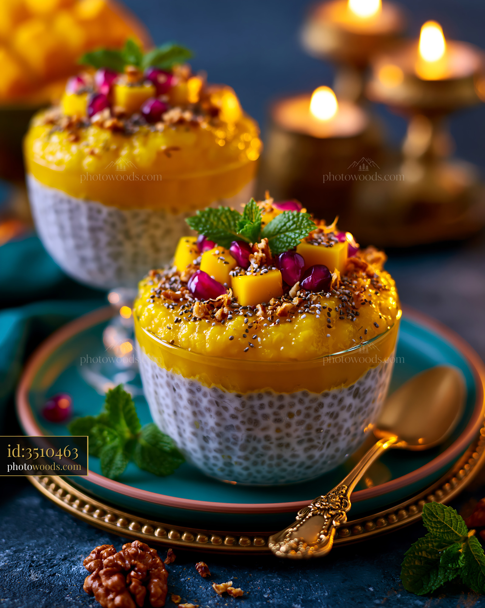 Coconut Chia Pudding With Mango Puree and Toppings in a Cozy Setting