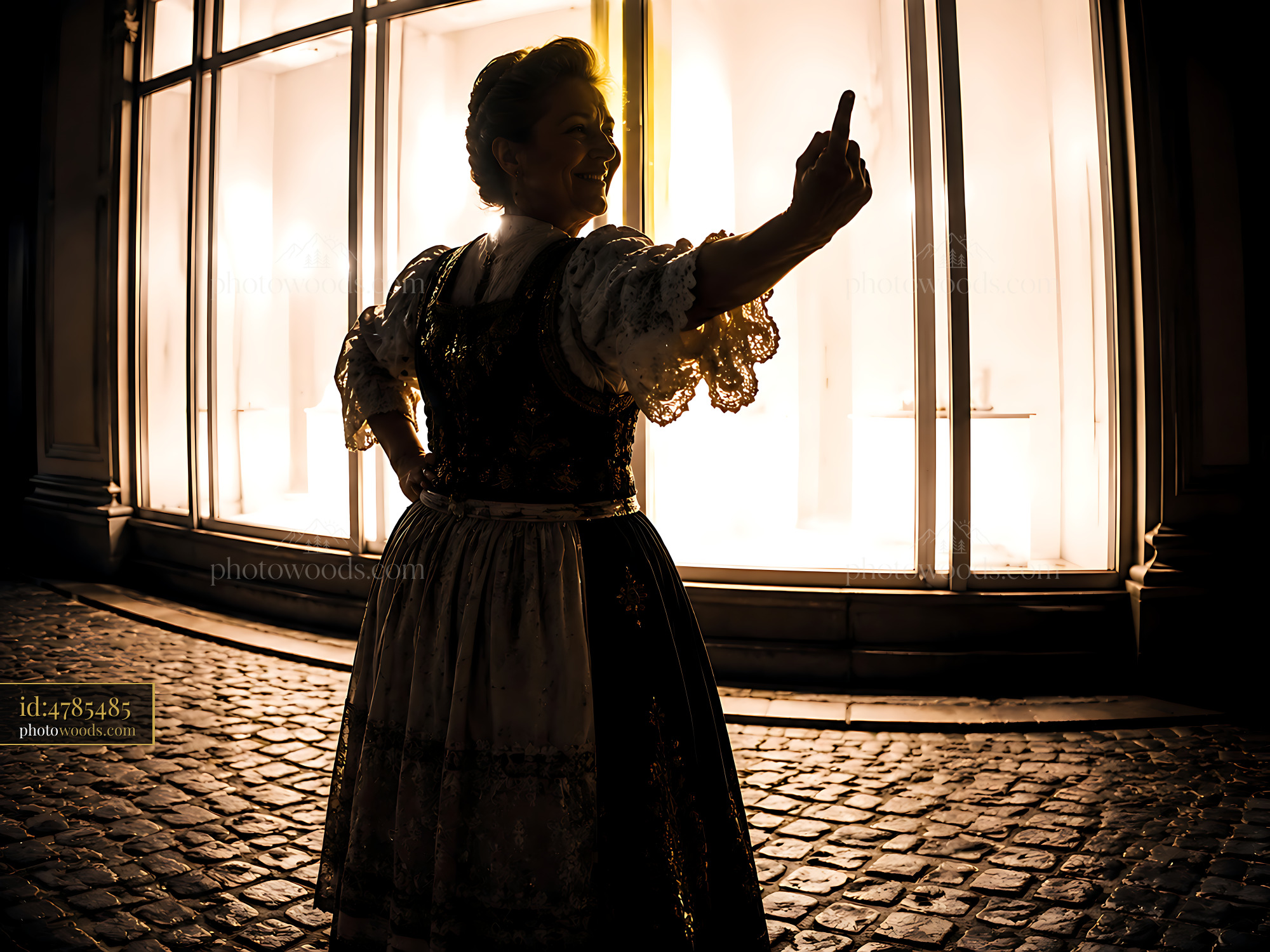 Woman in Traditional Dress Taking Selfie at Night in City Street