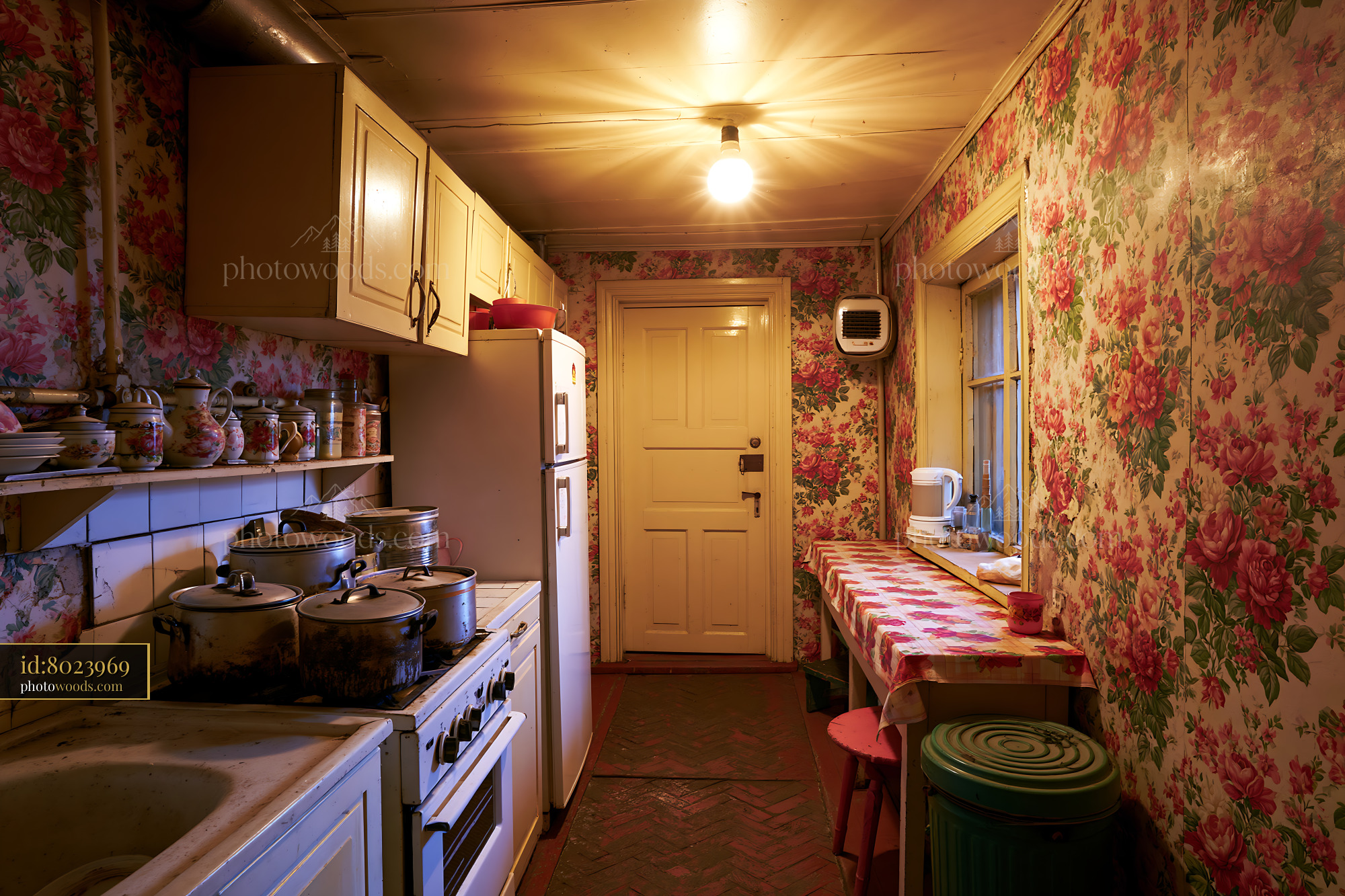 Cramped Soviet Era Kitchen With Peeling Floral Wallpaper