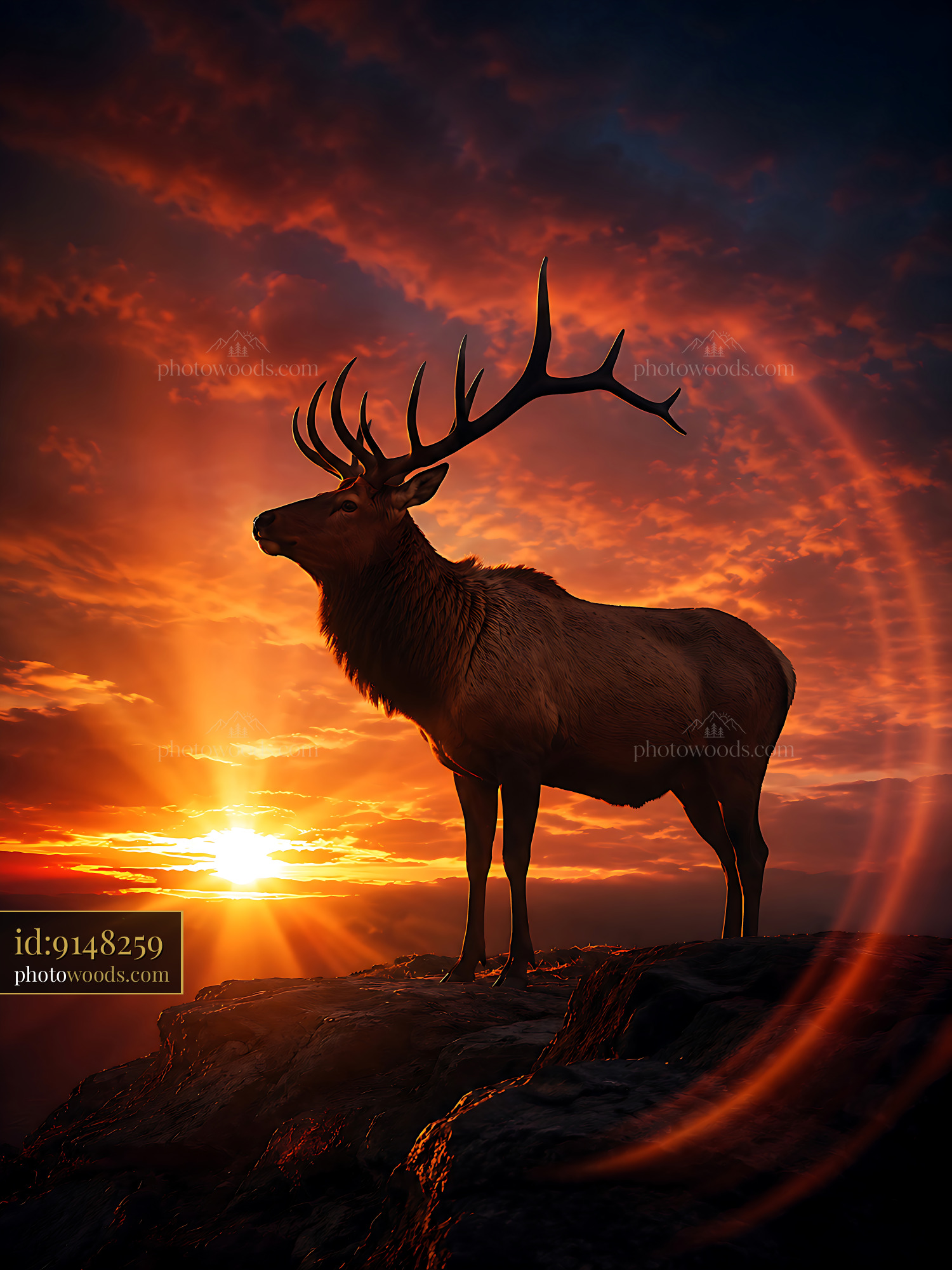 Elk Stands on a Rock at Sunset With Colorful Sky Behind It