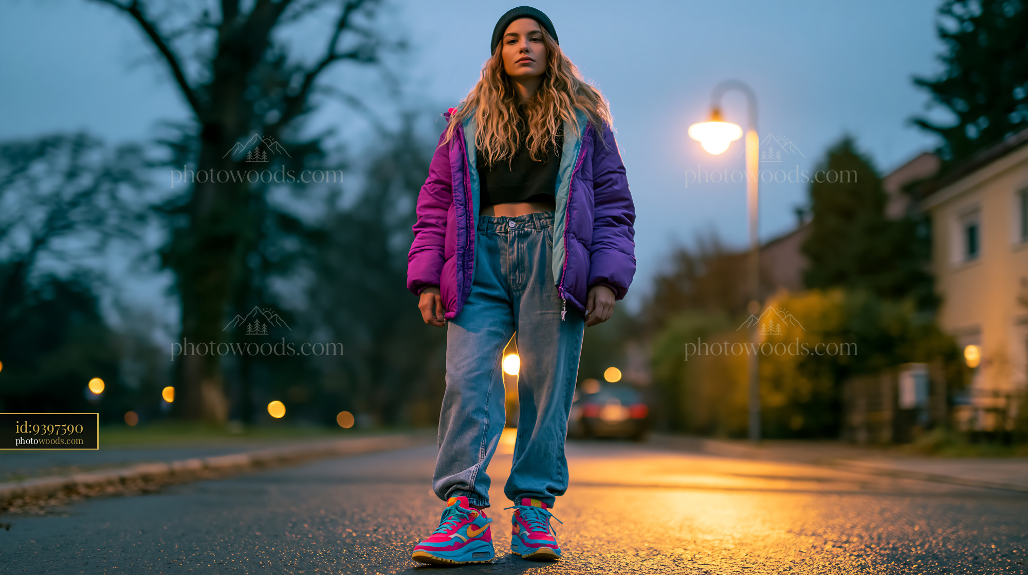Striking Woman in Cropped Puffer Jacket on Street at Dusk
