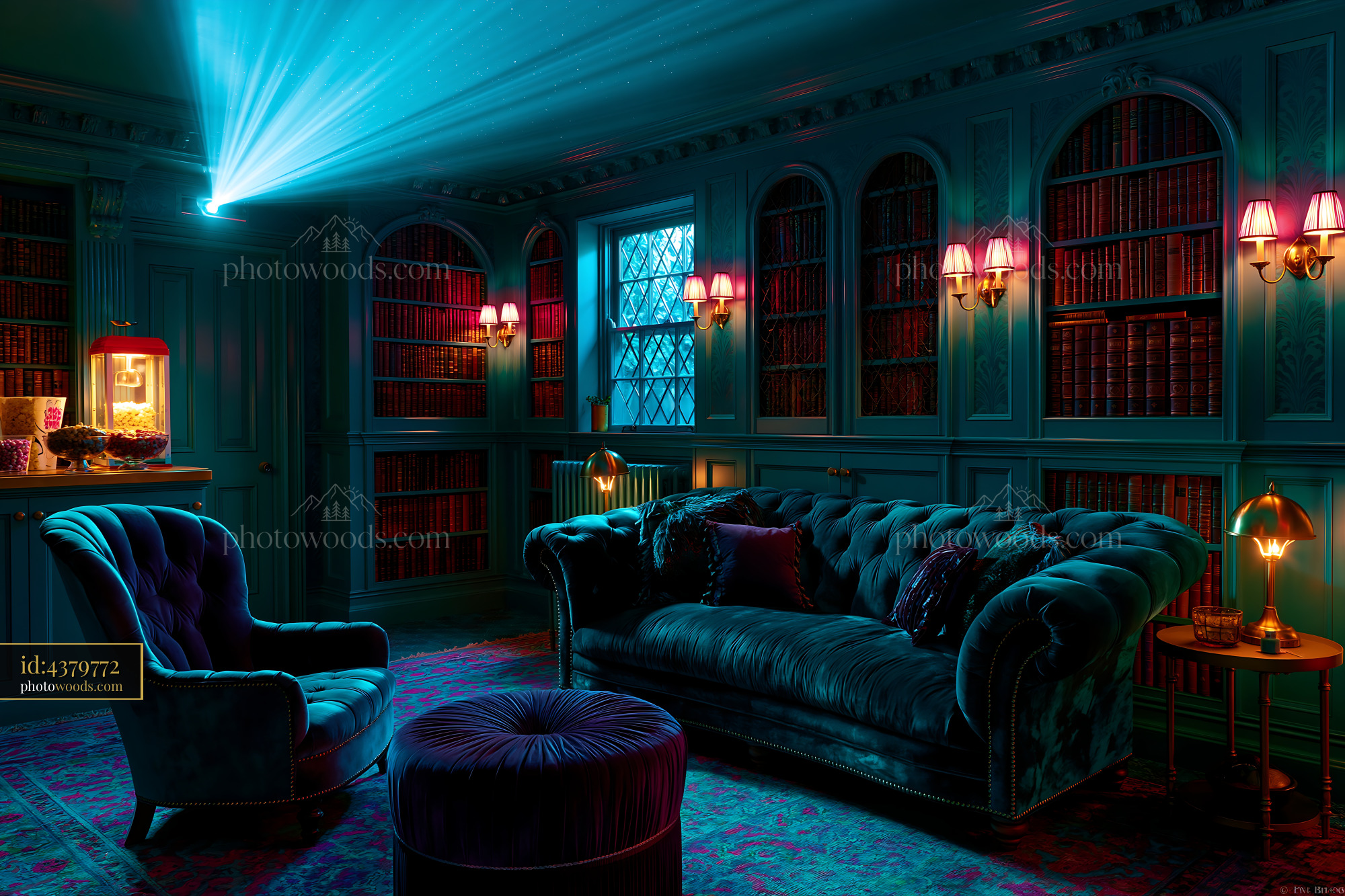 Dark Academia Basement Cinema With Bookshelves and Seating Area