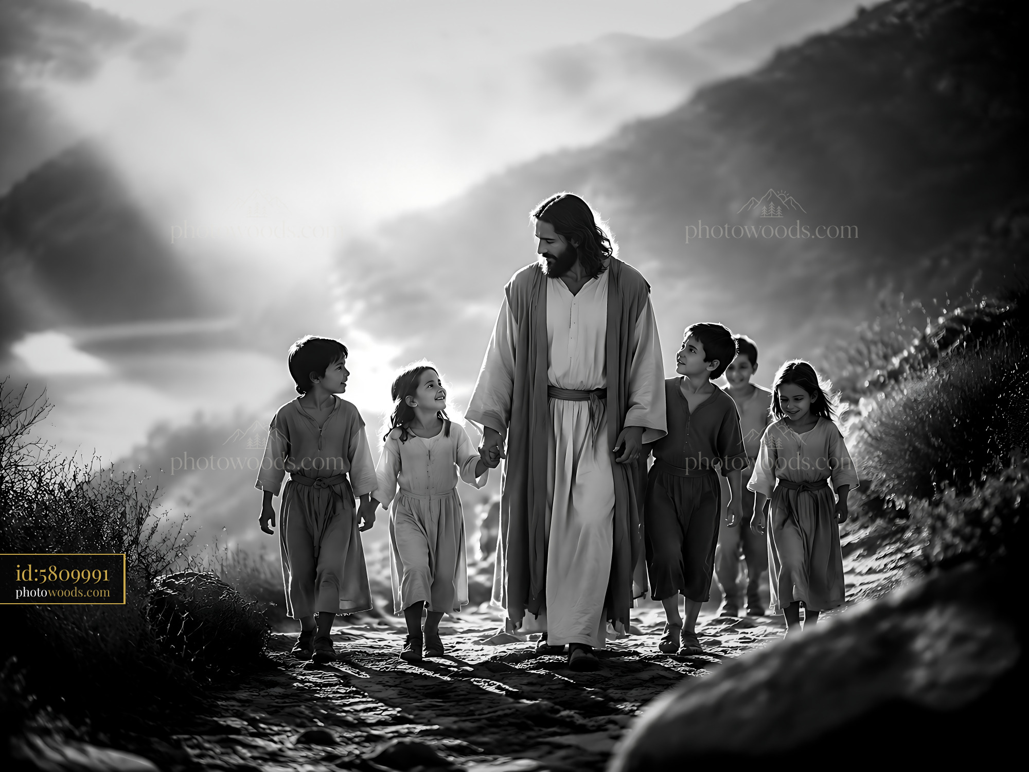 Jesus Walks With Children Along a Rocky Path Near a Lake