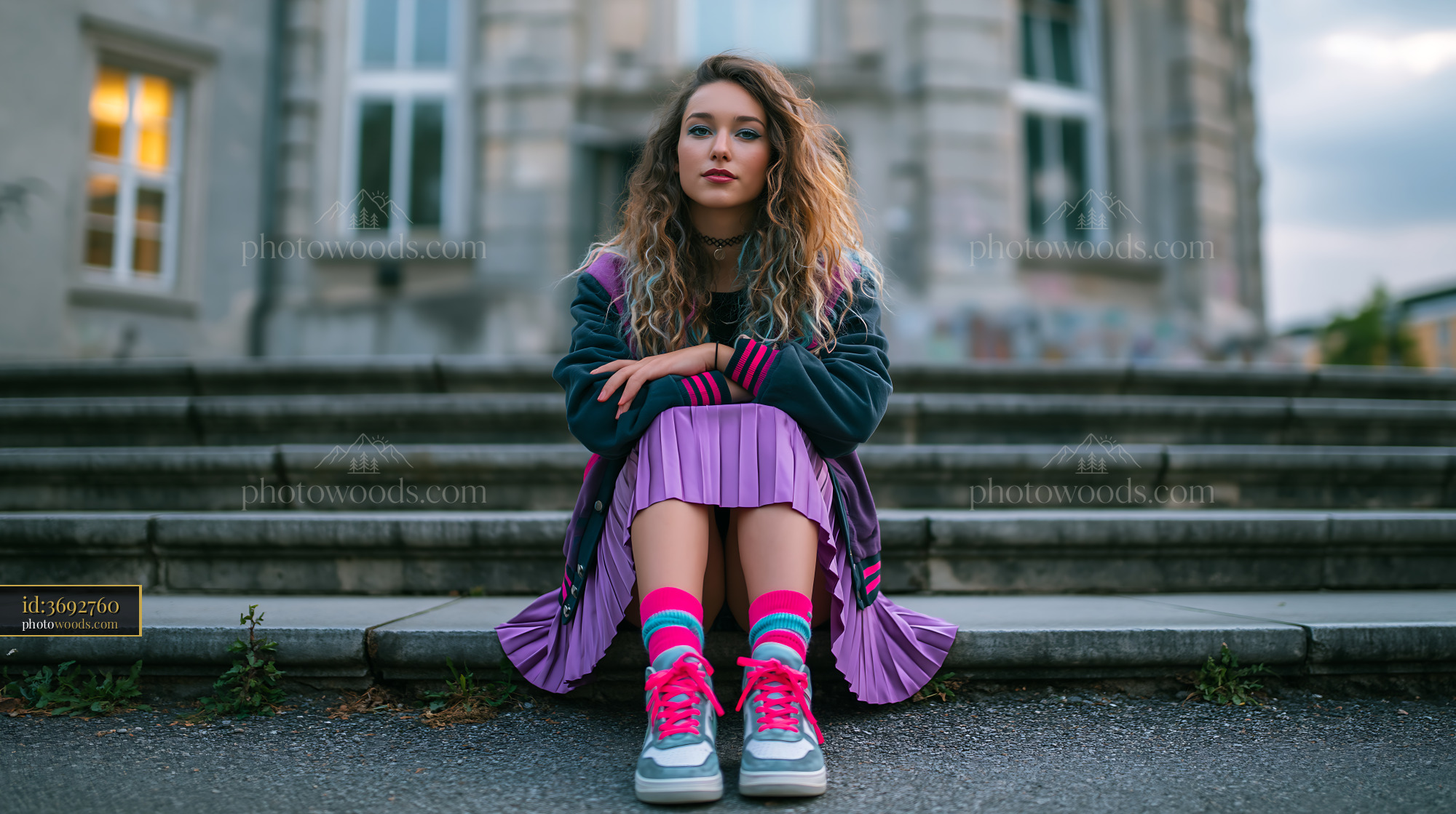 Young Woman Sitting on Steps, Varsity Jacket and Pleated Skirt
