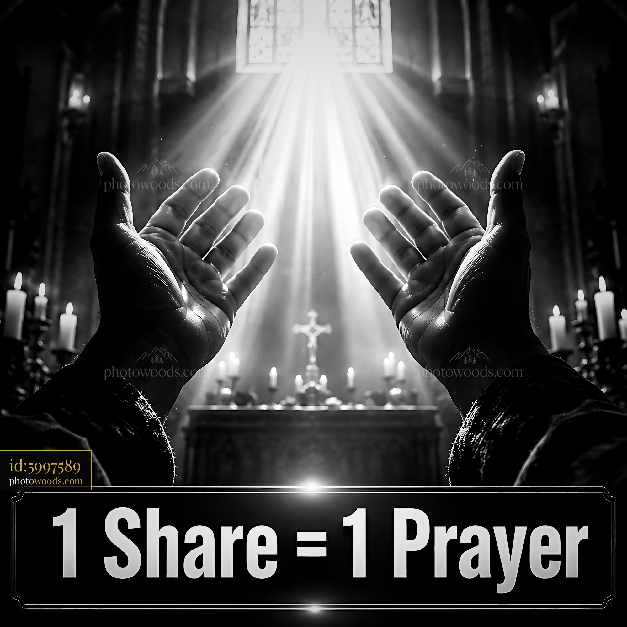 Hands Raised in Prayer With Light Shining Through a Church Window