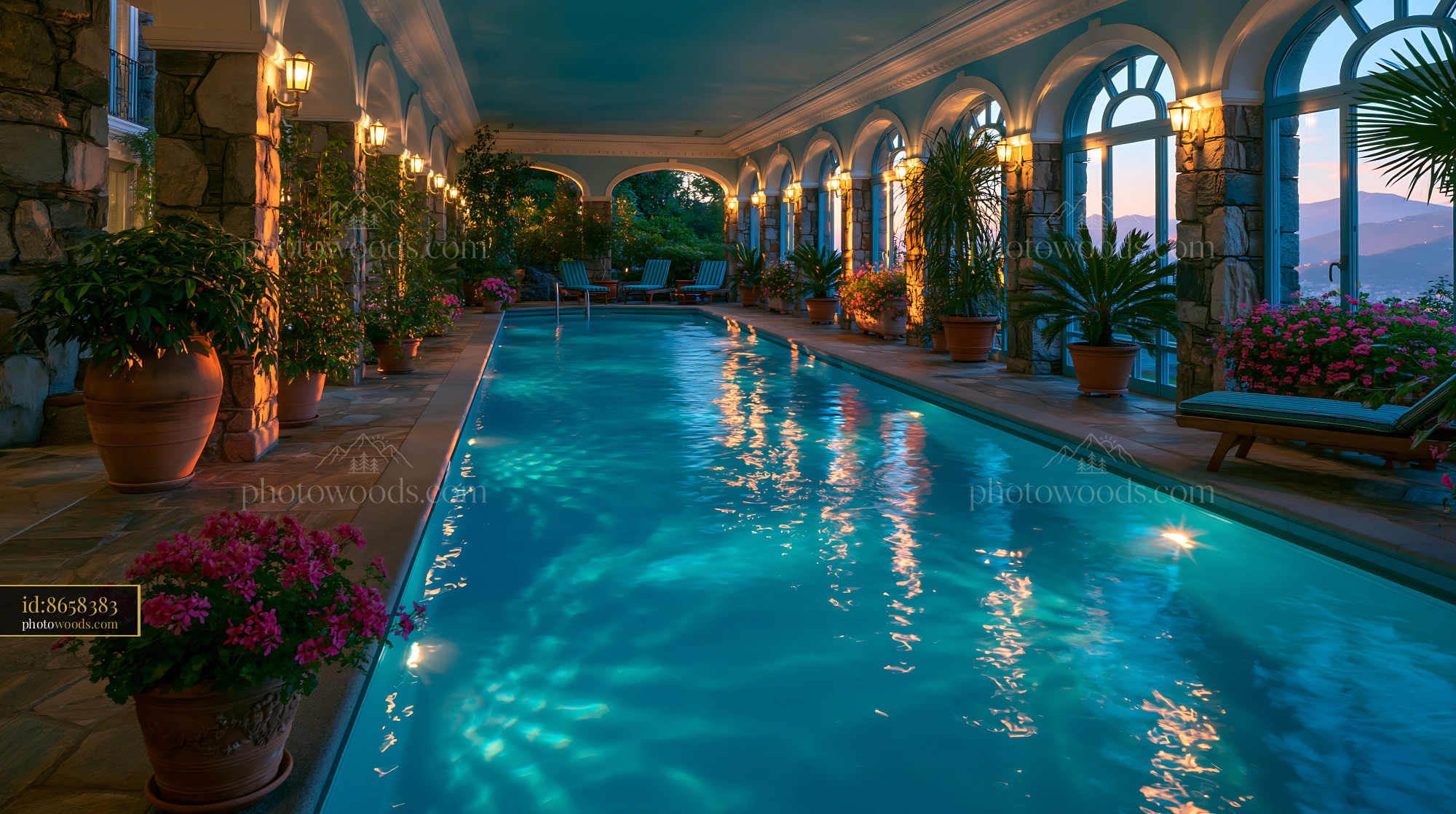 Indoor Pool Hall With Stone Columns and Plants at Sunset