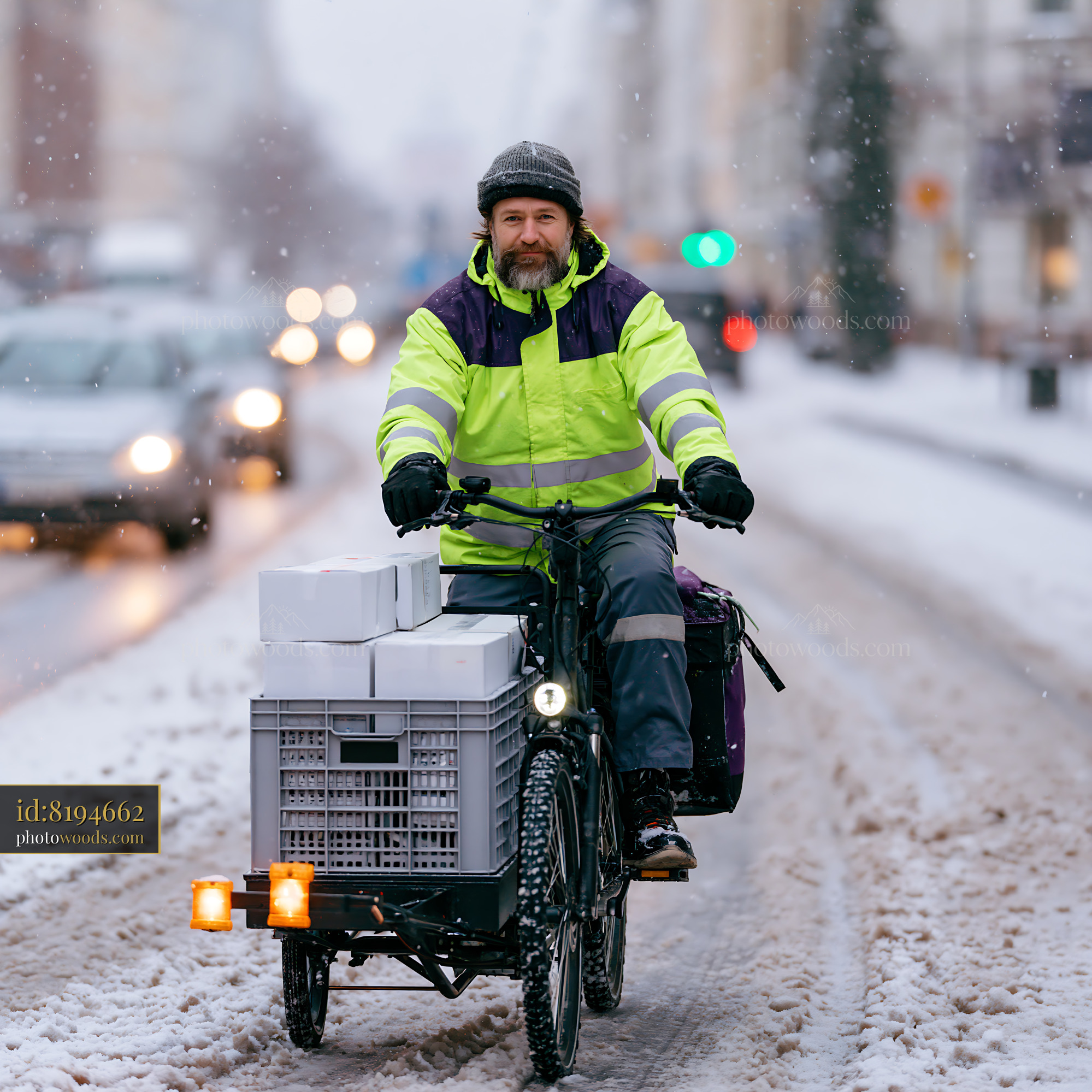 Cargo Bike Courier Delivering in Winter Weather in City Street