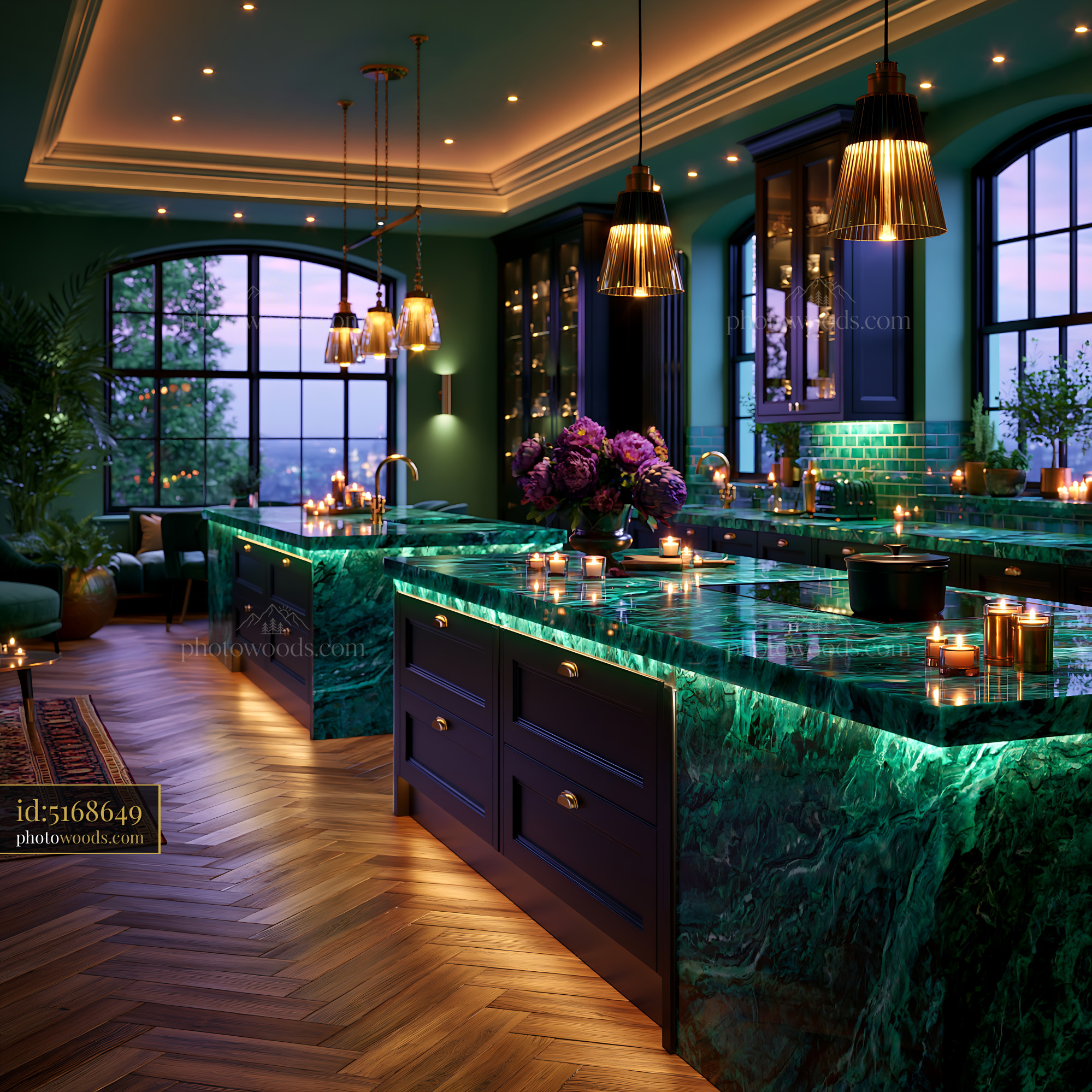 Green Marble Luxury Kitchen With Ambient Lighting in Evening