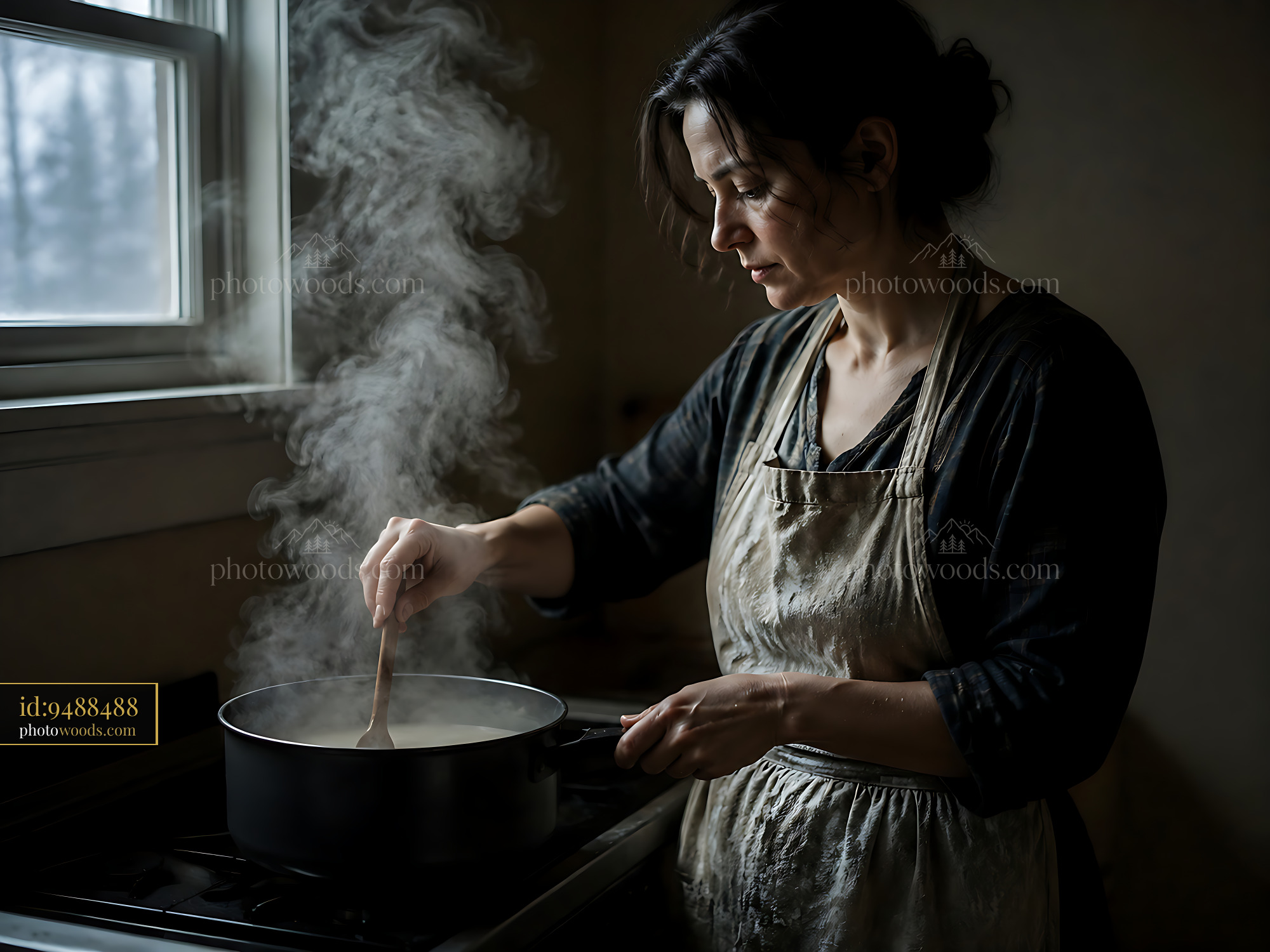 Woman Stirring a Pot on the Stove in a Warm Kitchen Space