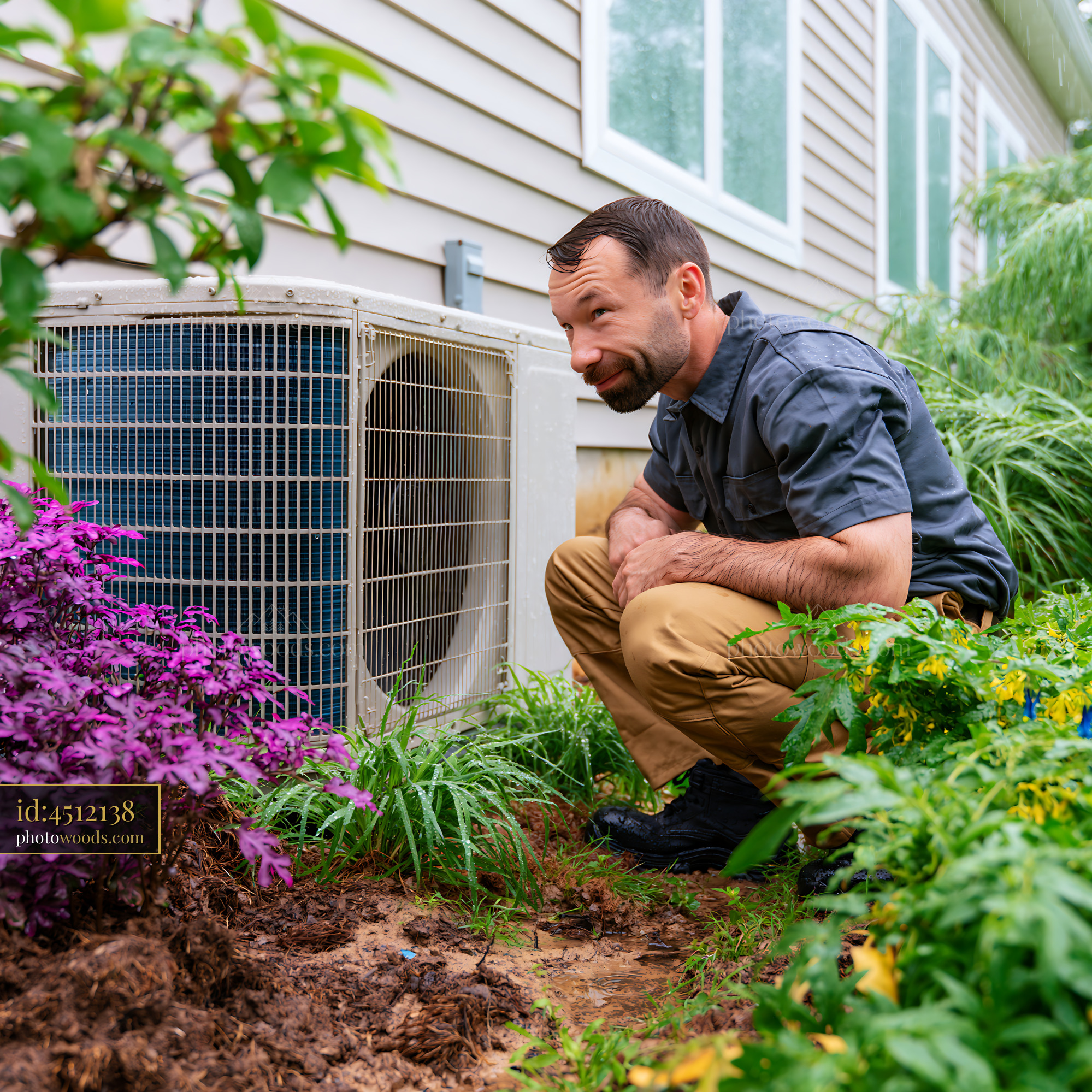 Technician Installing Heat Pump in Garden Setting Near Home