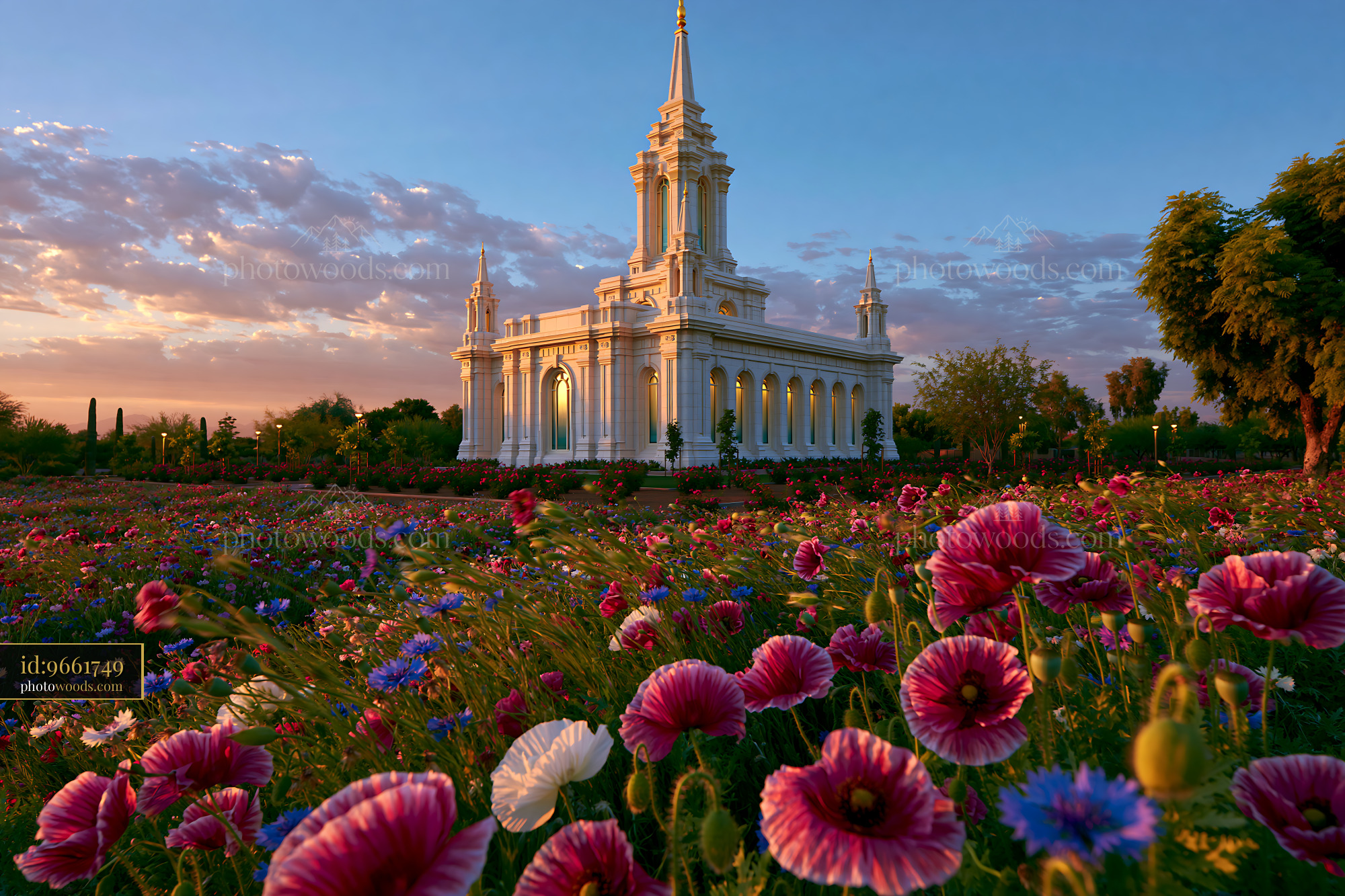 Gilbert Arizona Temple With Colorful Flowers at Sunset