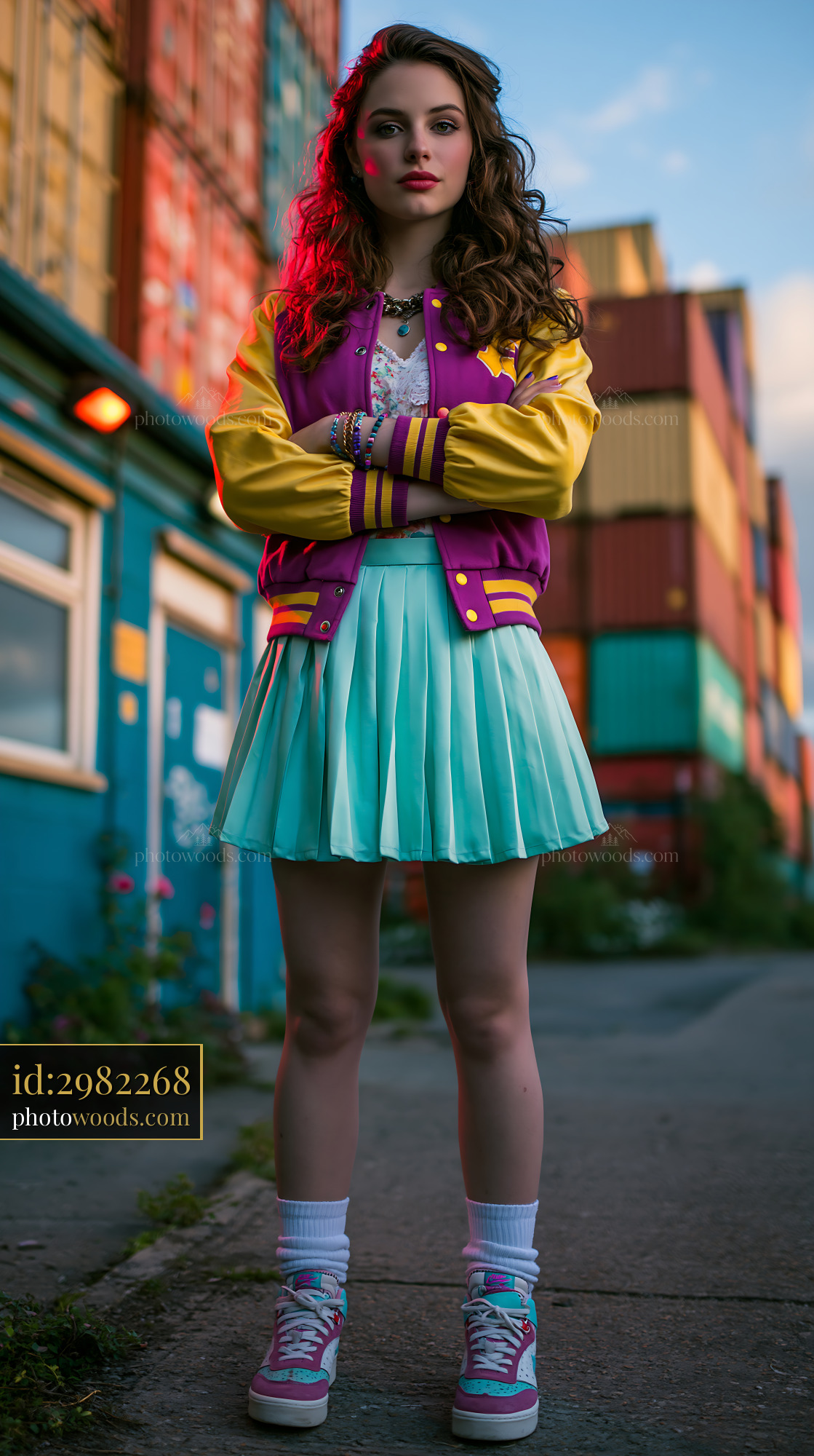 Young Woman in Varsity Jacket Standing Near Bright Colored Containers