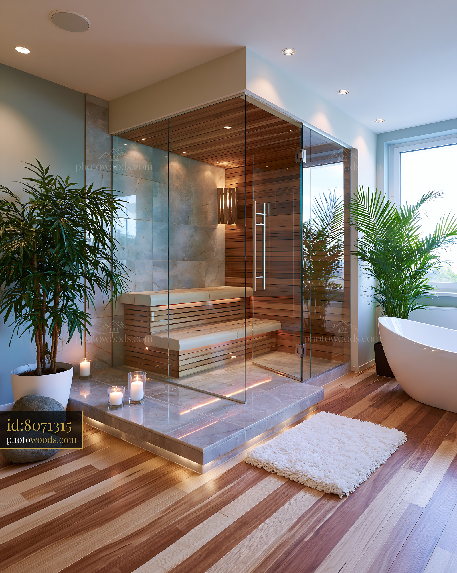 Wellness Bathroom Featuring Integrated Sauna and Natural Plants