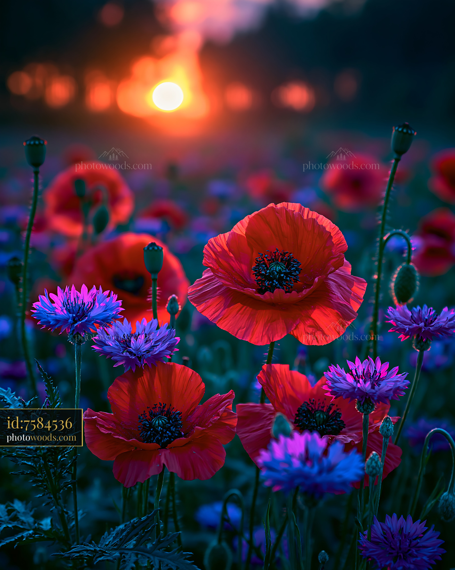 Poppies and Cornflowers Bloom at Sunset With Warm Light Shining