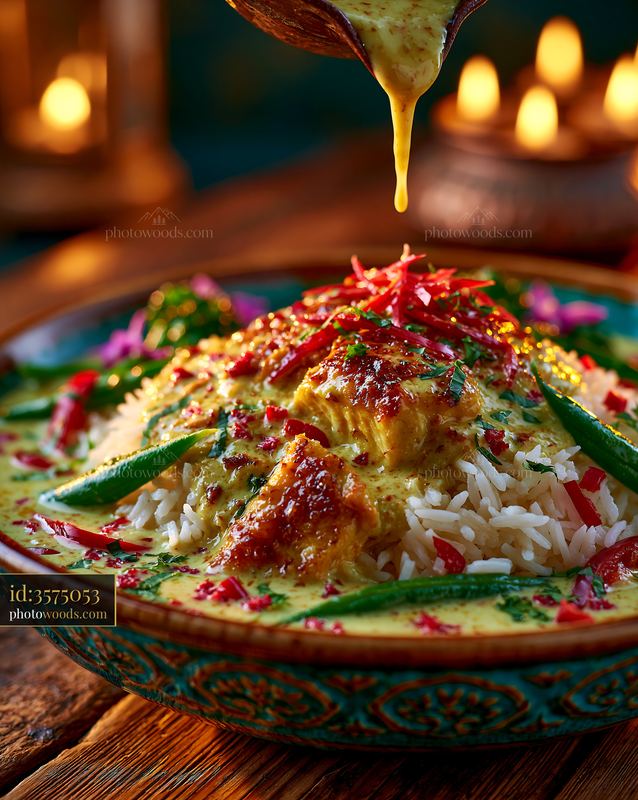 Bowl of Thai Green Curry With Jasmine Rice and Herbs
