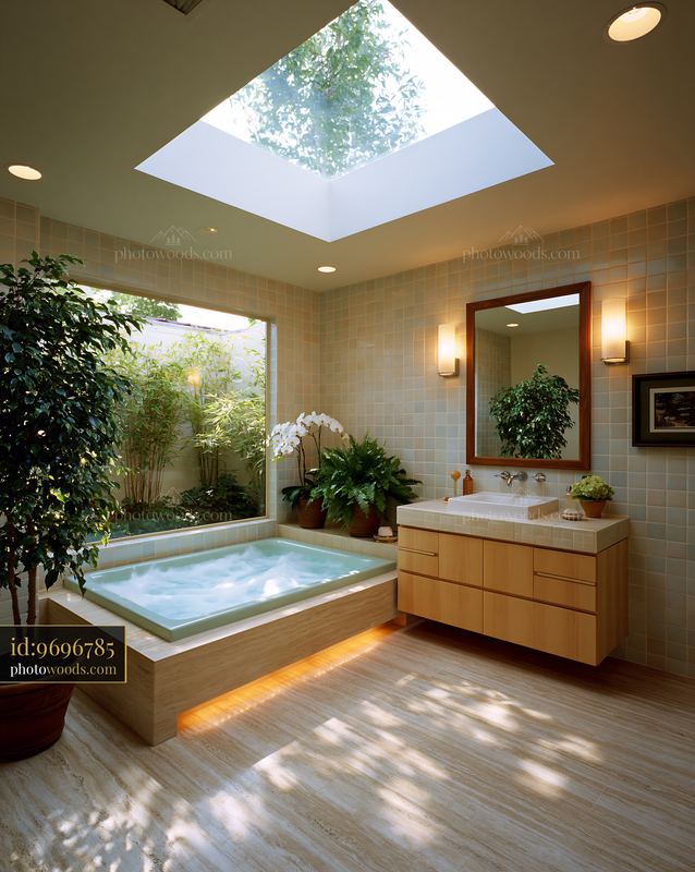 Modern Bathroom With Sunken Tub and Skylight in a Green Setting