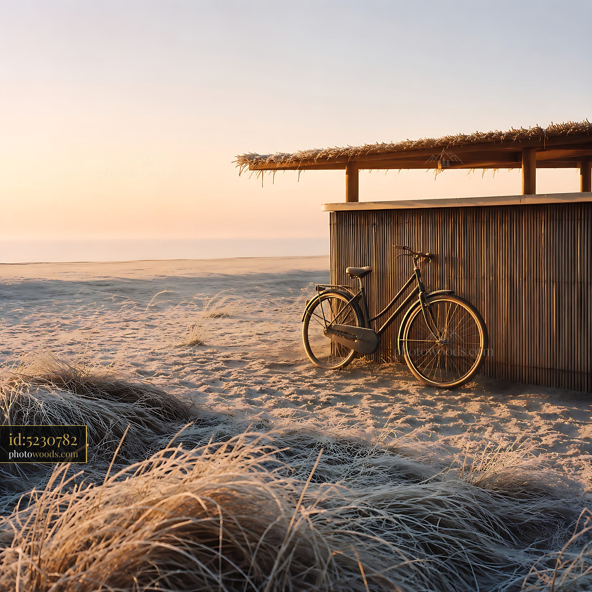 Bicycle Rests Near Wooden Hut on Sandy Beach at Sunset