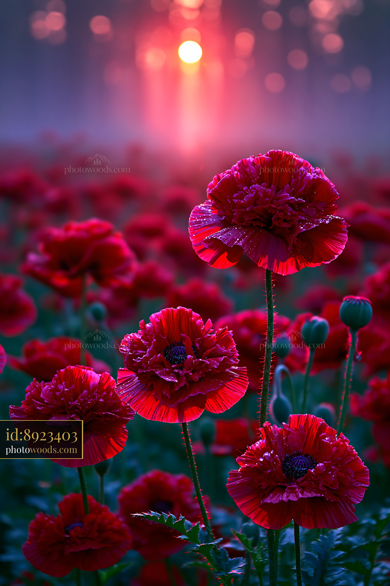 Red Flowers Bloom in Field During Sunset With Soft Light