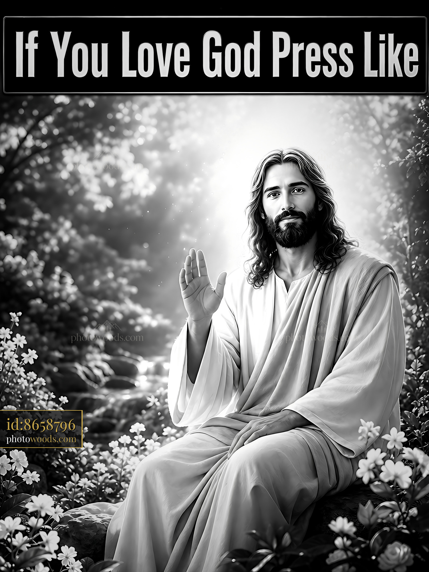 Jesus Gestures With a Hand in a Forest Surrounded by Flowers