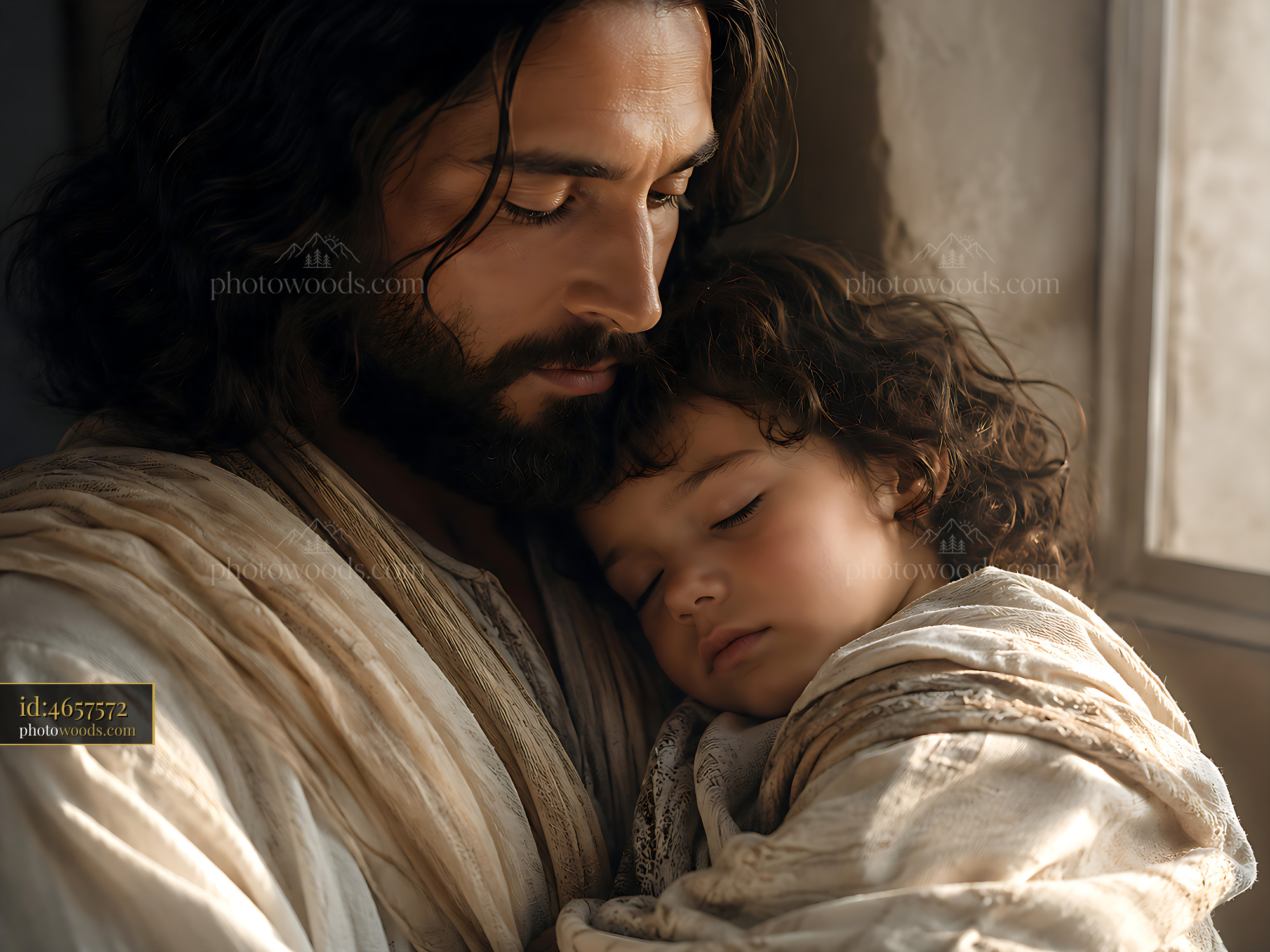 Father Holds Sleeping Child Inside a Room With Soft Light