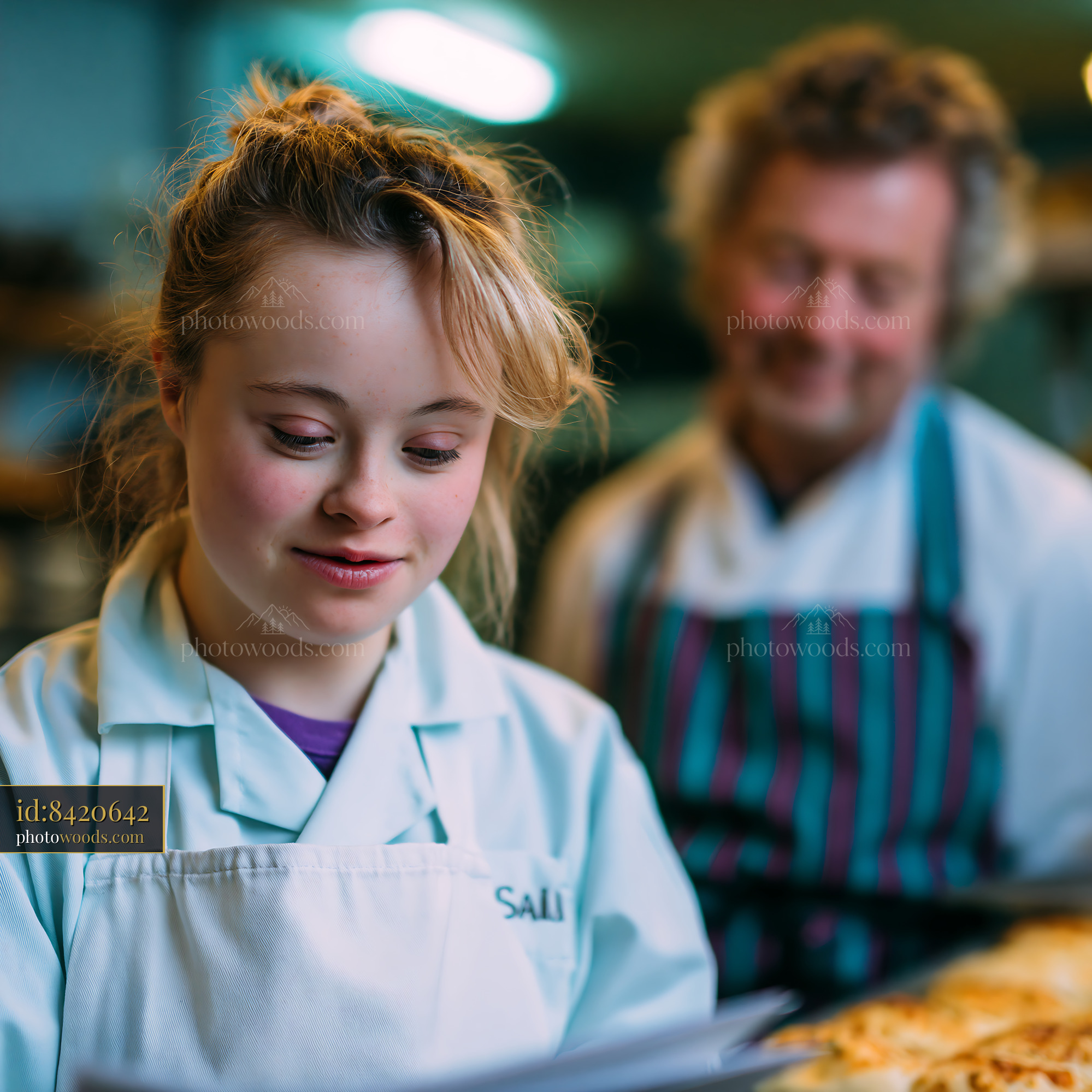 Young Woman With Down Syndrome Reading in Bakery Setting